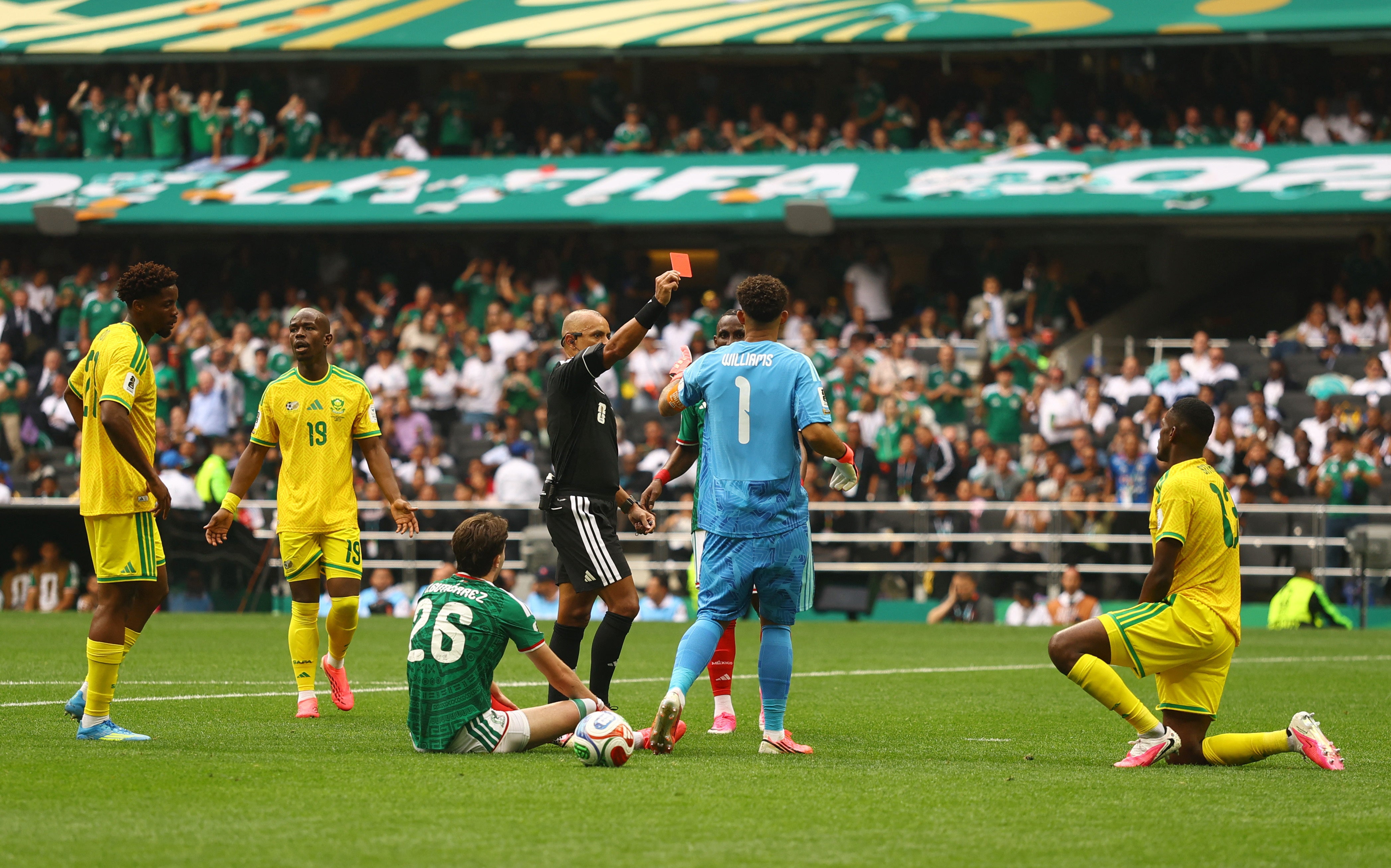 South Africa's Sphephelo Sithole is sent off after denying a goalscoring opportunity