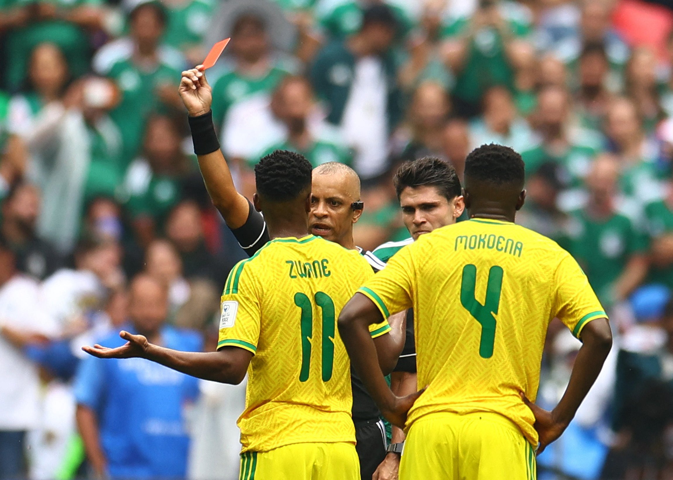 Themba Zwane was the second player to be sent off in the World Cup opener