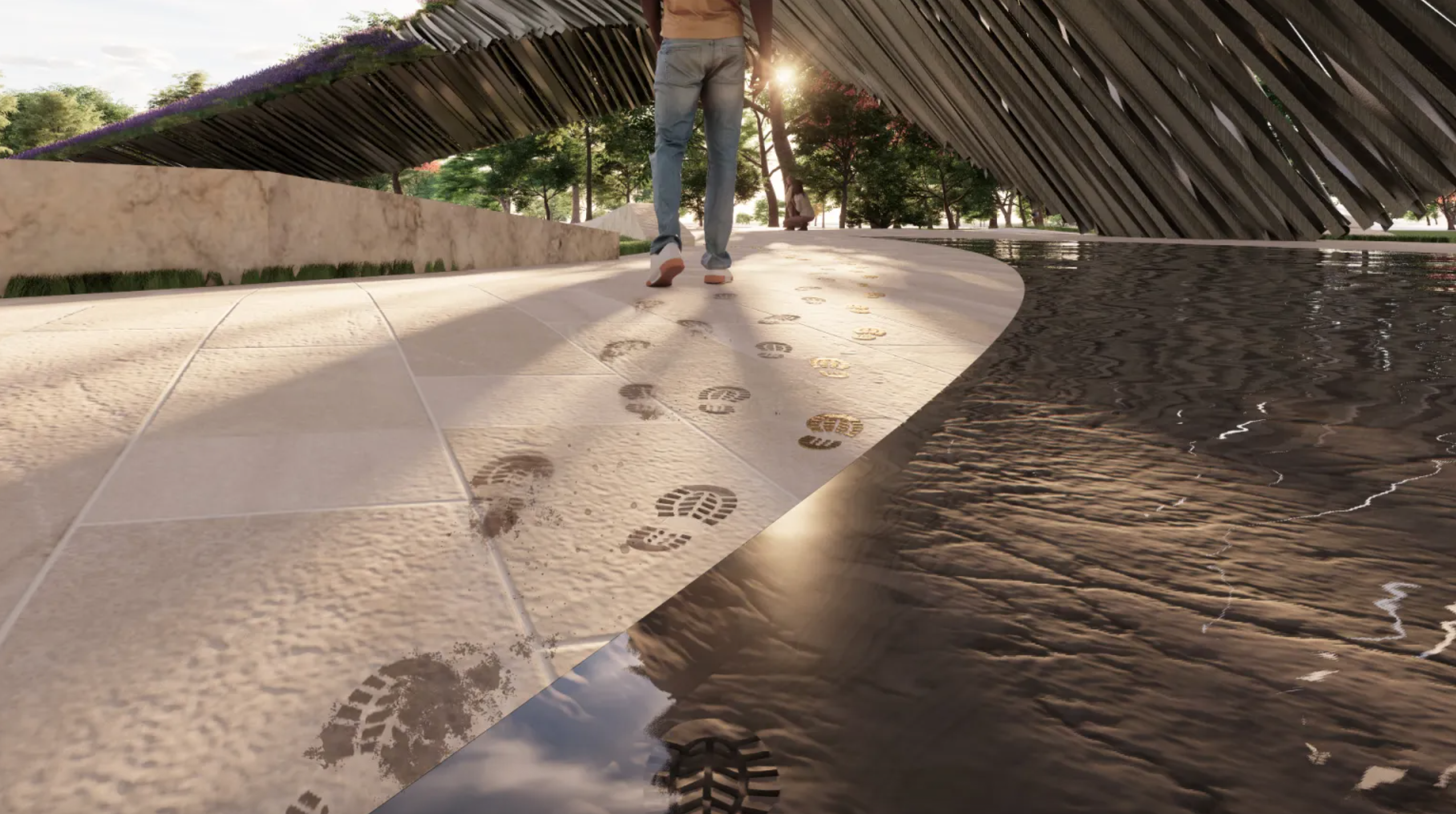 A rendering of the proposed Global War on Terrorism Memorial in Washington, D.C. Footprints at the site are meant to represent the 'weight' carried by military personnel, their families, and the communities affected by the conflict