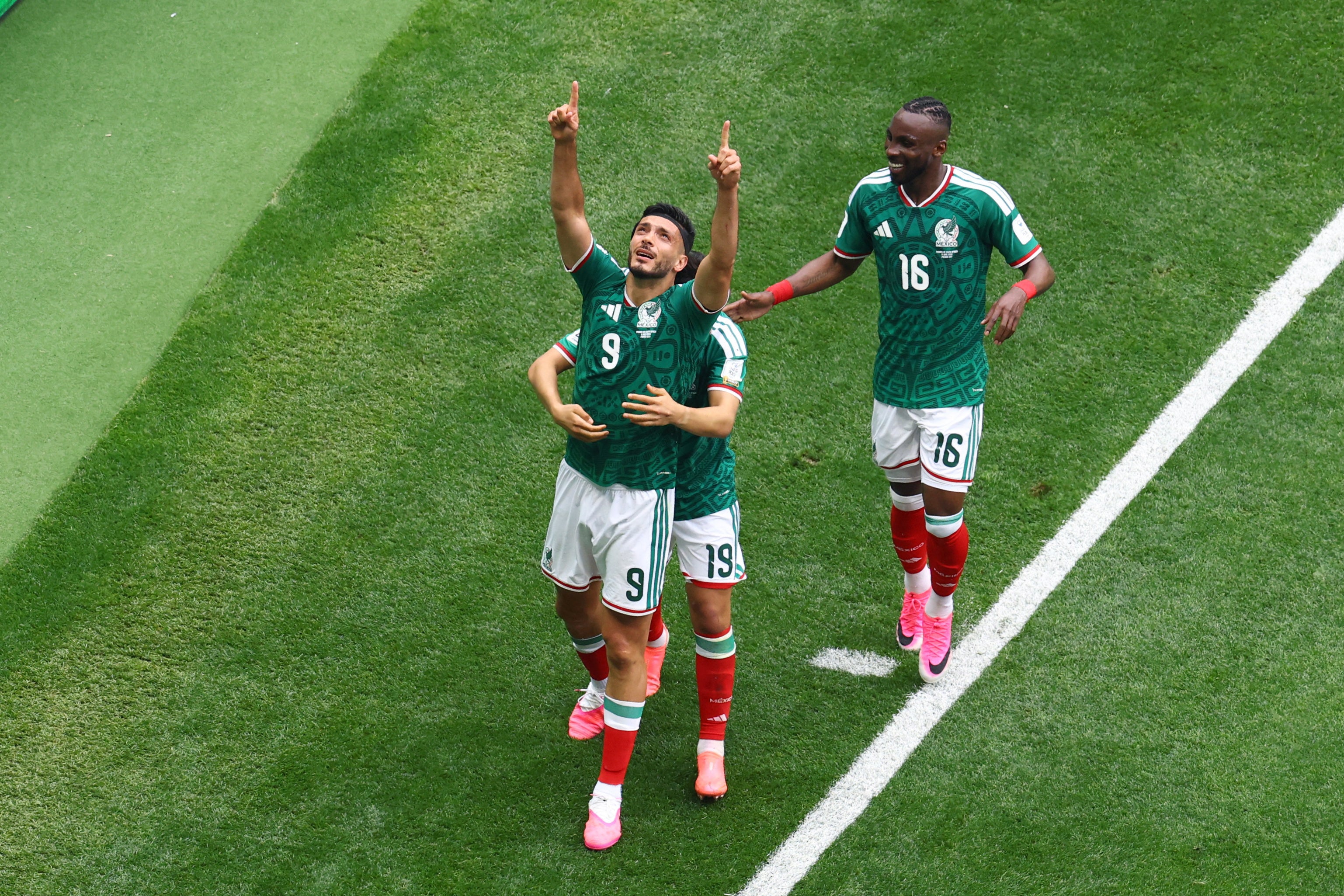 Mexico's Raul Jimenez celebrates scoring their second goal