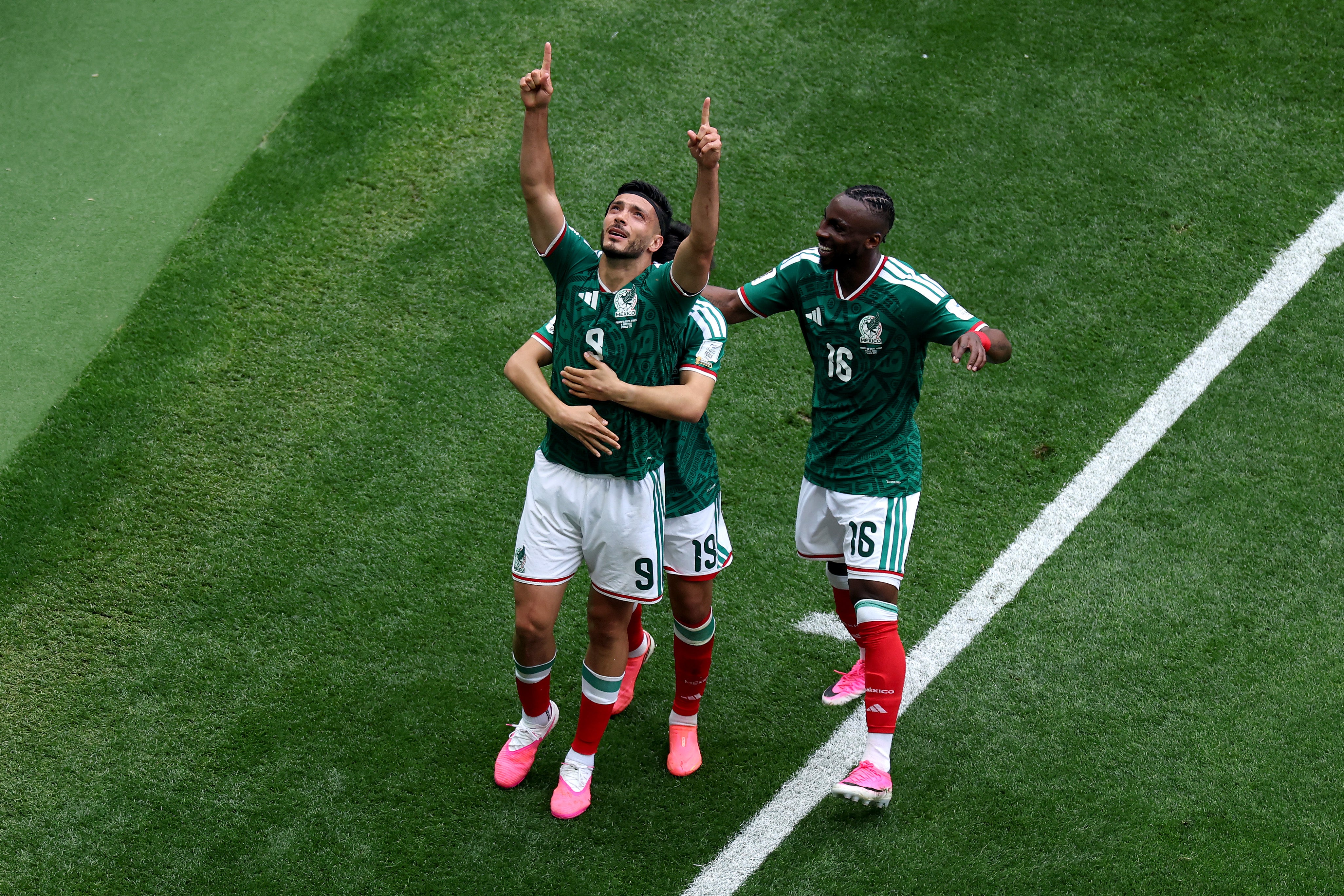 Jimenez celebrates scoring Mexico's second against South Africa