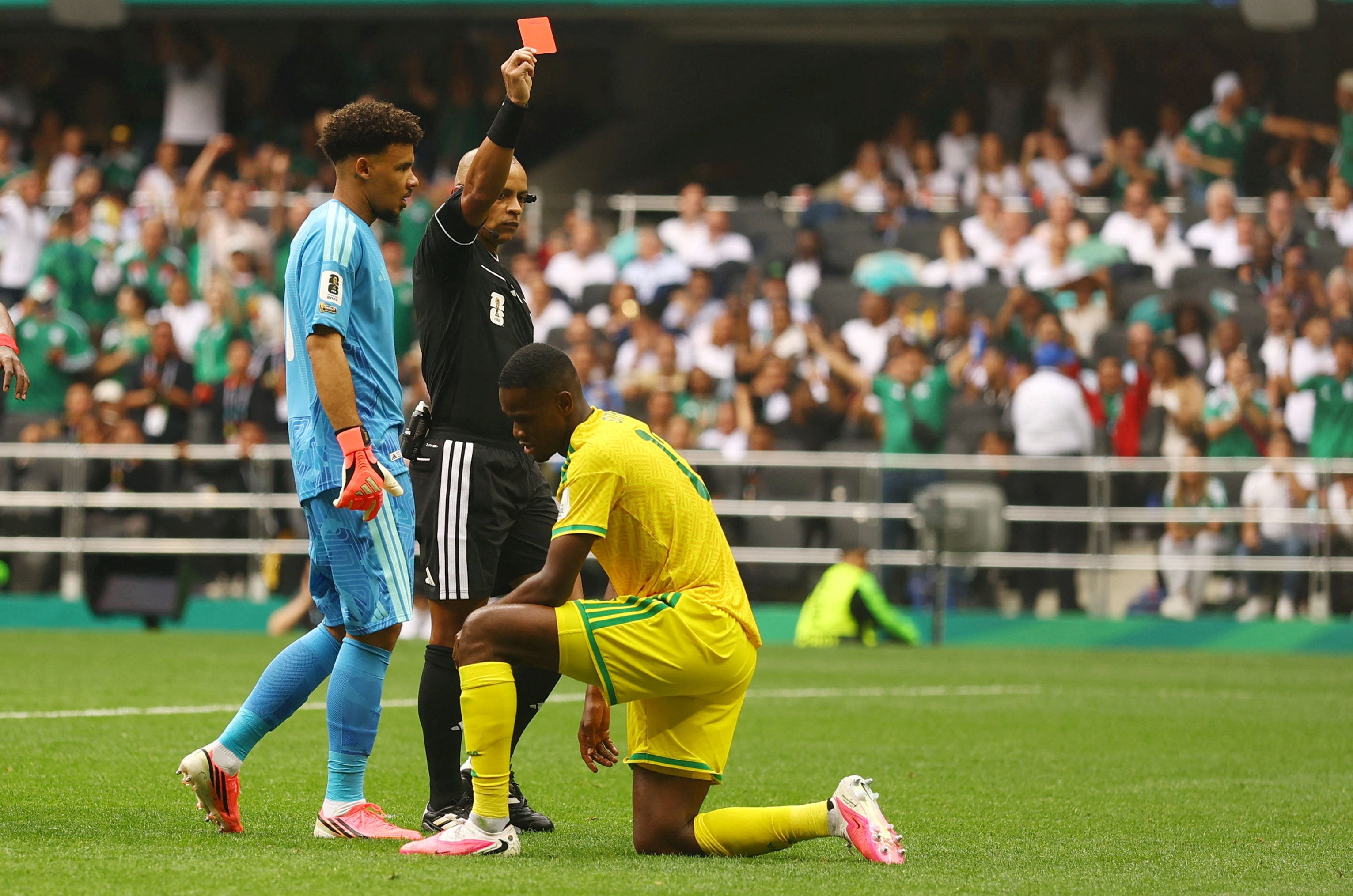 South Africa's Sphephelo Sithole was shown a red card during the team’s opener against Mexico