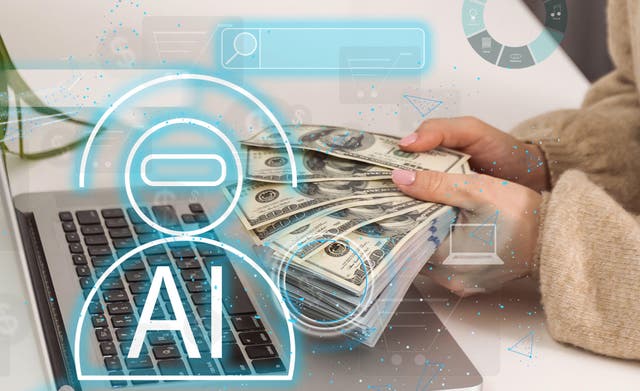 Woman holding wads of cash while talking to AI chatbot (Alamy/PA)