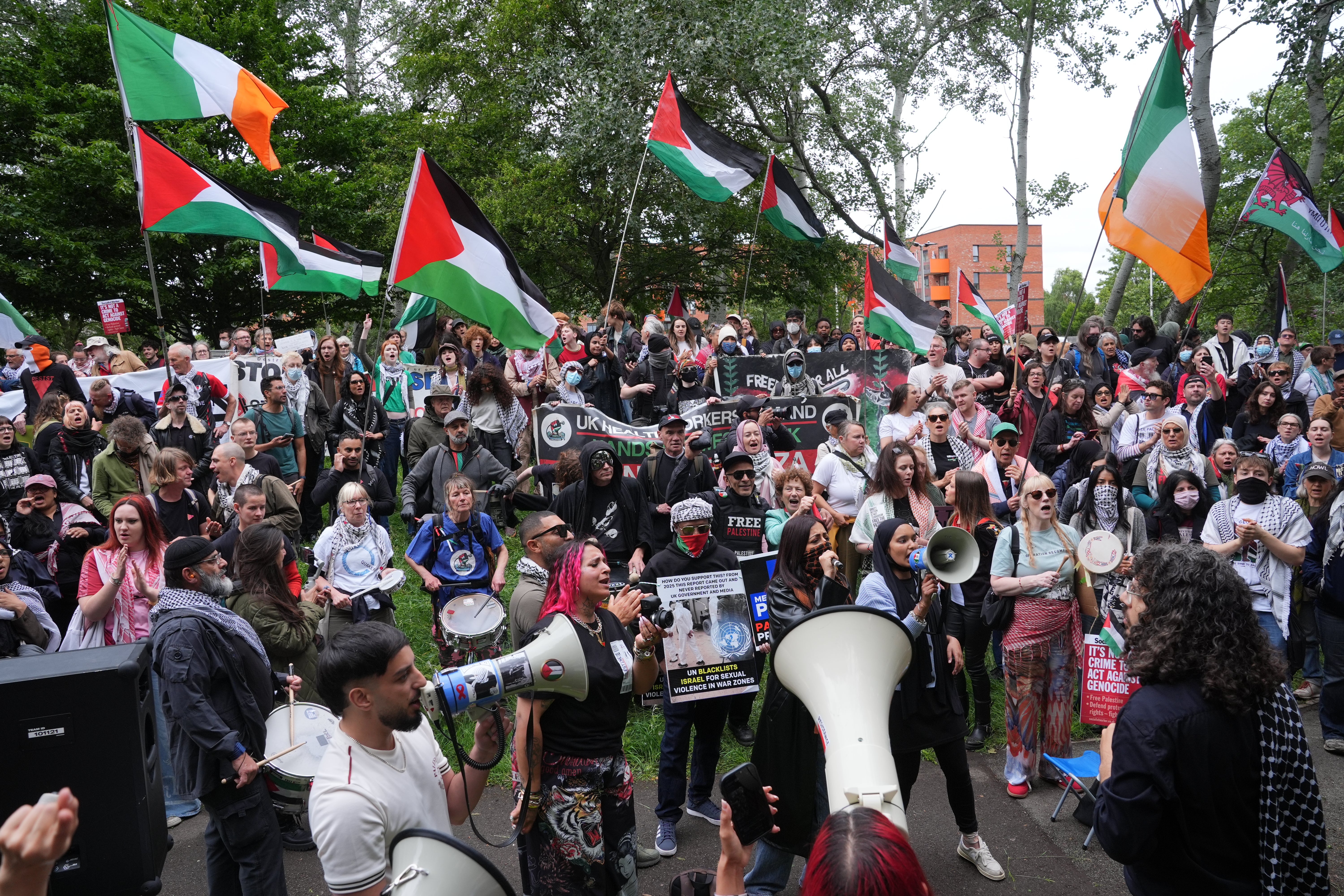 Protesters outside Woolwich Crown Court, London, ahead of the hearing where Palestine Action activists were sentenced over over a break-in at the UK base of an Israel-based defence firm, Elbit Systems