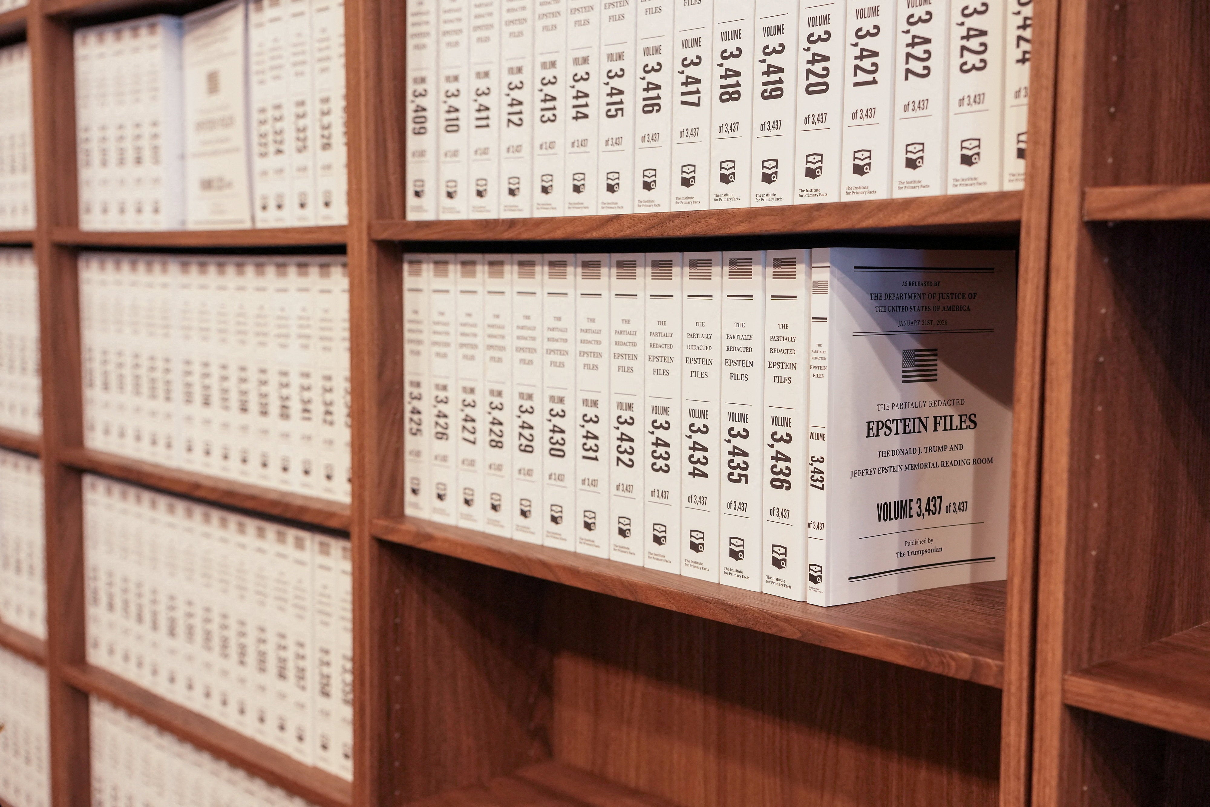 The reading room contains hard copies of the Epstein Files published by the Department of Justice, bound as 800-page books in more than 3,400 volumes