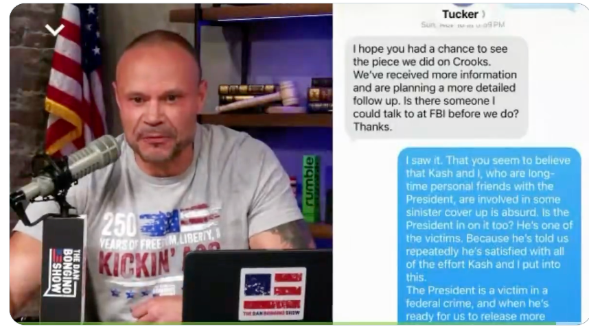 Former deputy FBI director Dan Bongino and Tucker Carlson are in the midst of an all-out podcast war over claims about the investigation into the assassination attempt on Donald Trump in Butler, Pennsylvania. A visibly furious Bongino hit back on his show and said Tucker Carlson’s accusations of a cover-up was ‘seriously one of the most delusional things’ he’d ever heard. He shared purported text messages to back up his side of the story (The Dan Bongino Show)