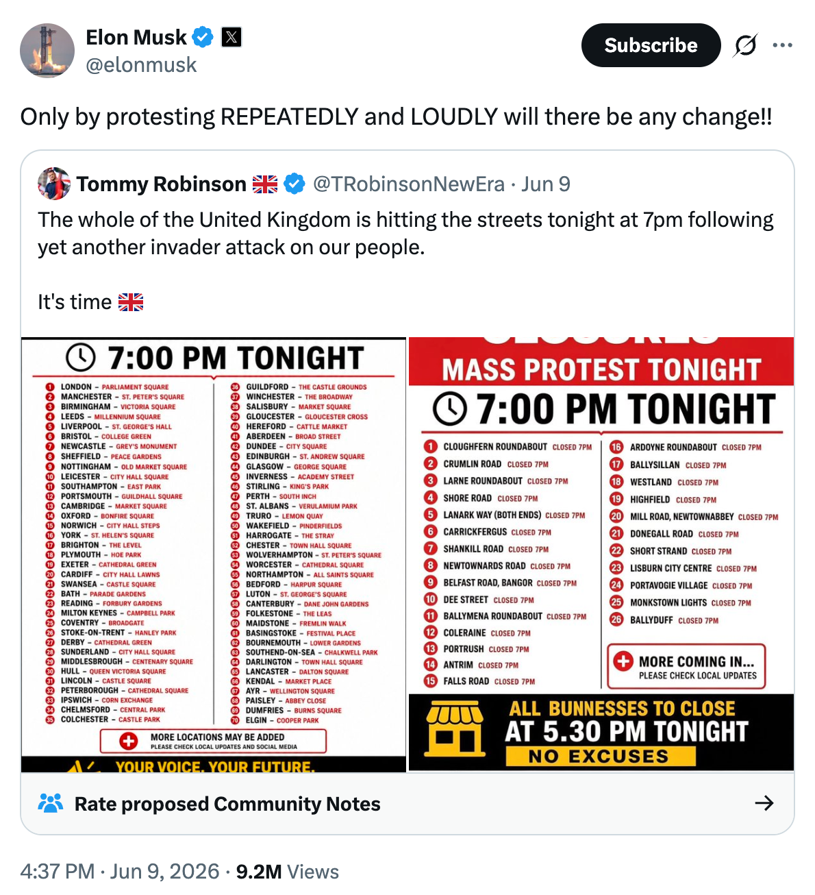 Musk reposted Tommy Robinson's call to action (Elon Musk/ X)