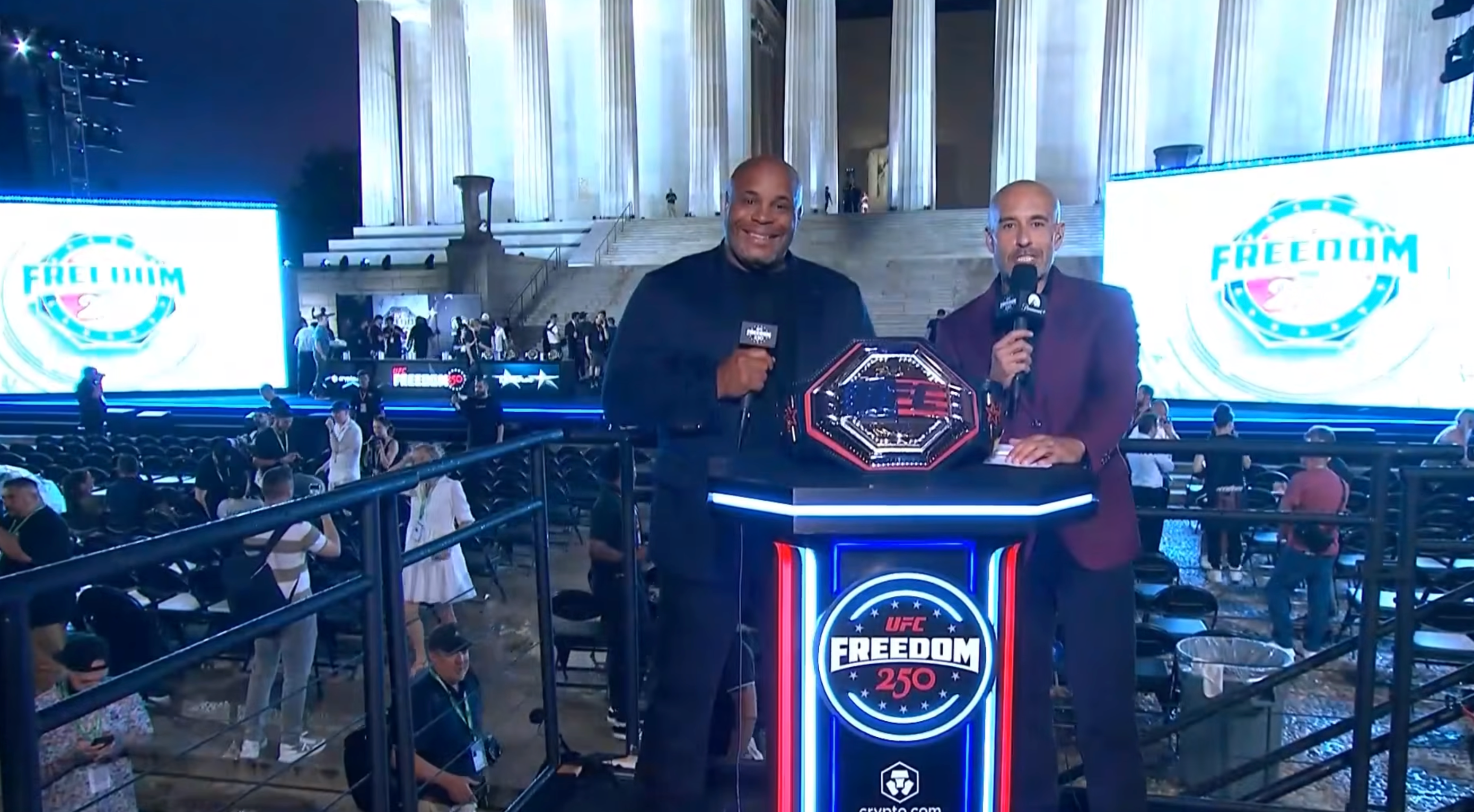 Daniel Cormier (left) and Jon Anik presenting the press conference show on social media (UFC / YouTube)