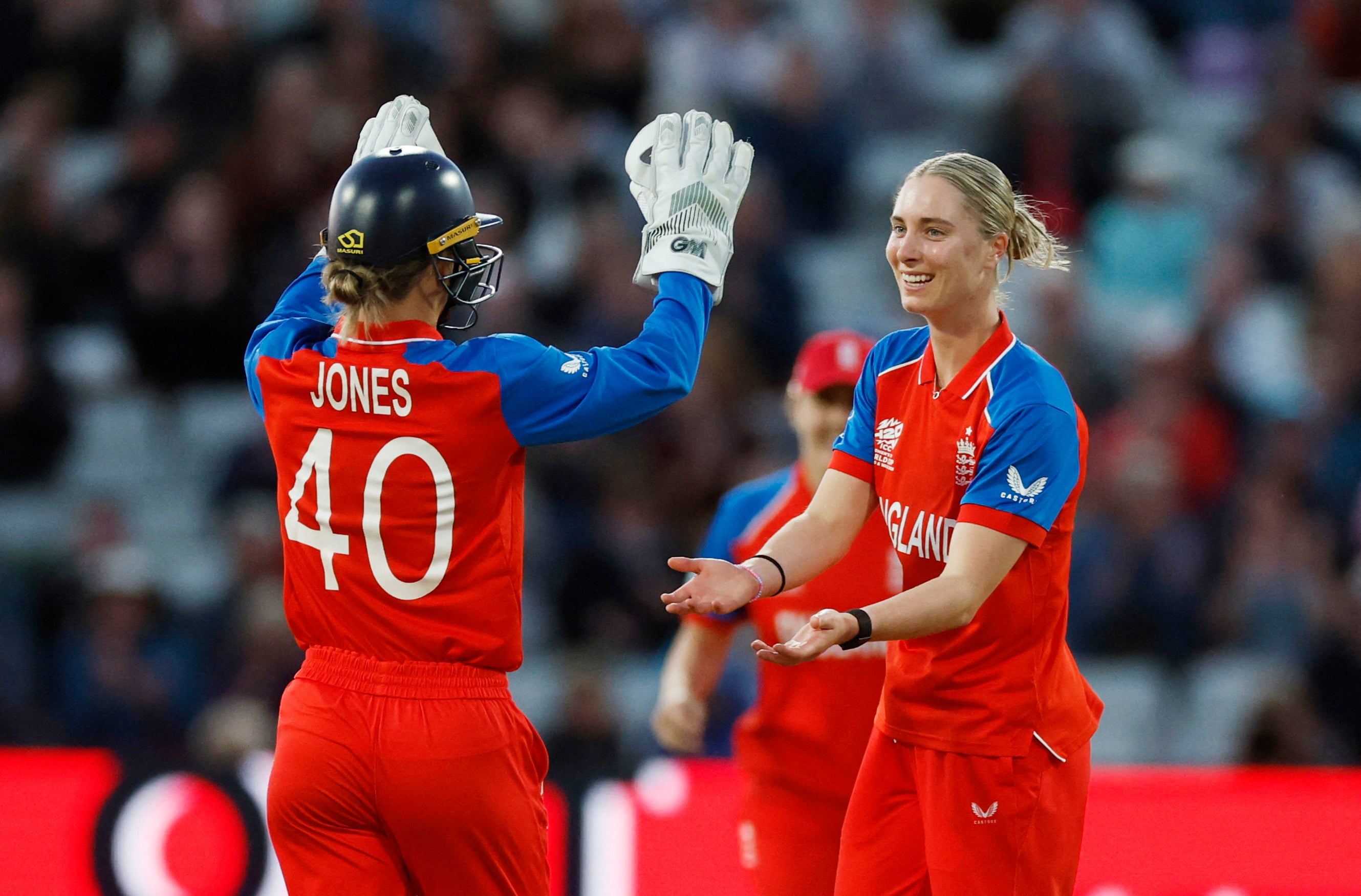 England's Freya Kemp celebrates with Amy Jones after taking the wicket of Sri Lanka's Chamari Athapaththu