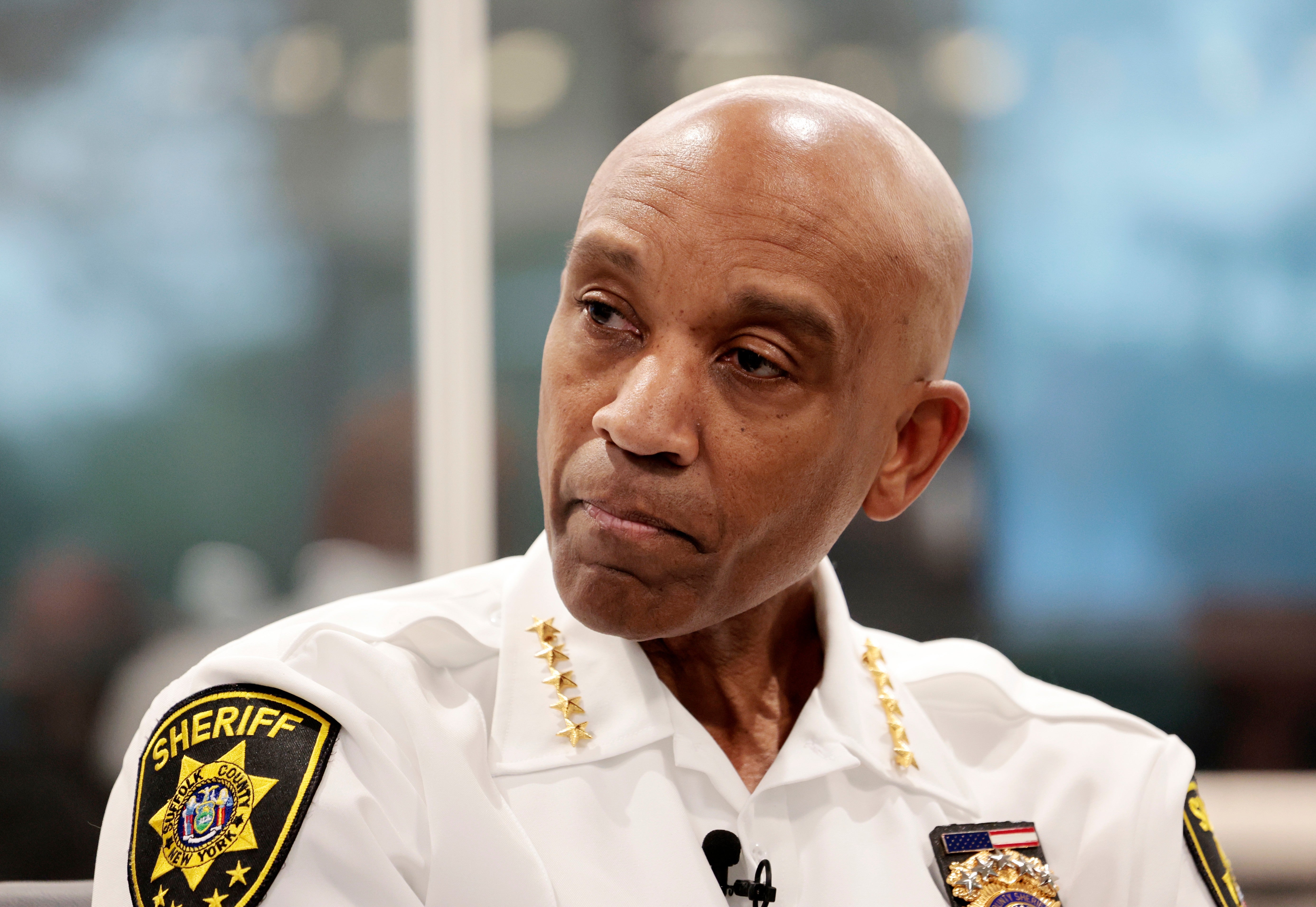 Suffolk County Sheriff Errol Toulon, Jr. sits during an interview with Newsday to discuss the Gilgo Beach probe and Rex Heuermann's jail treatment, Aug. 24, 2023, in Melville, N.Y. (William Perlman/Newsday via AP, File)