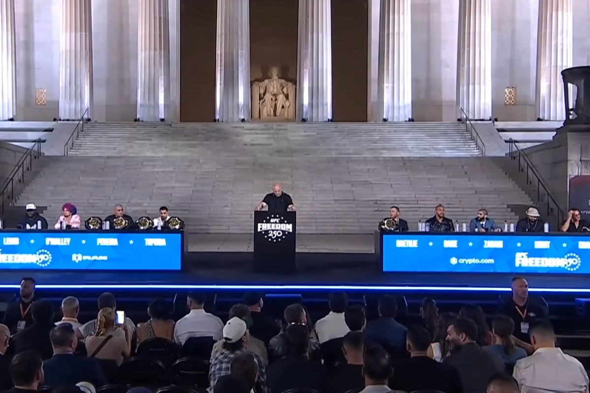 Dana White defies weather threat as UFC Freedom 250 press conference kicks off at Lincoln Memorial