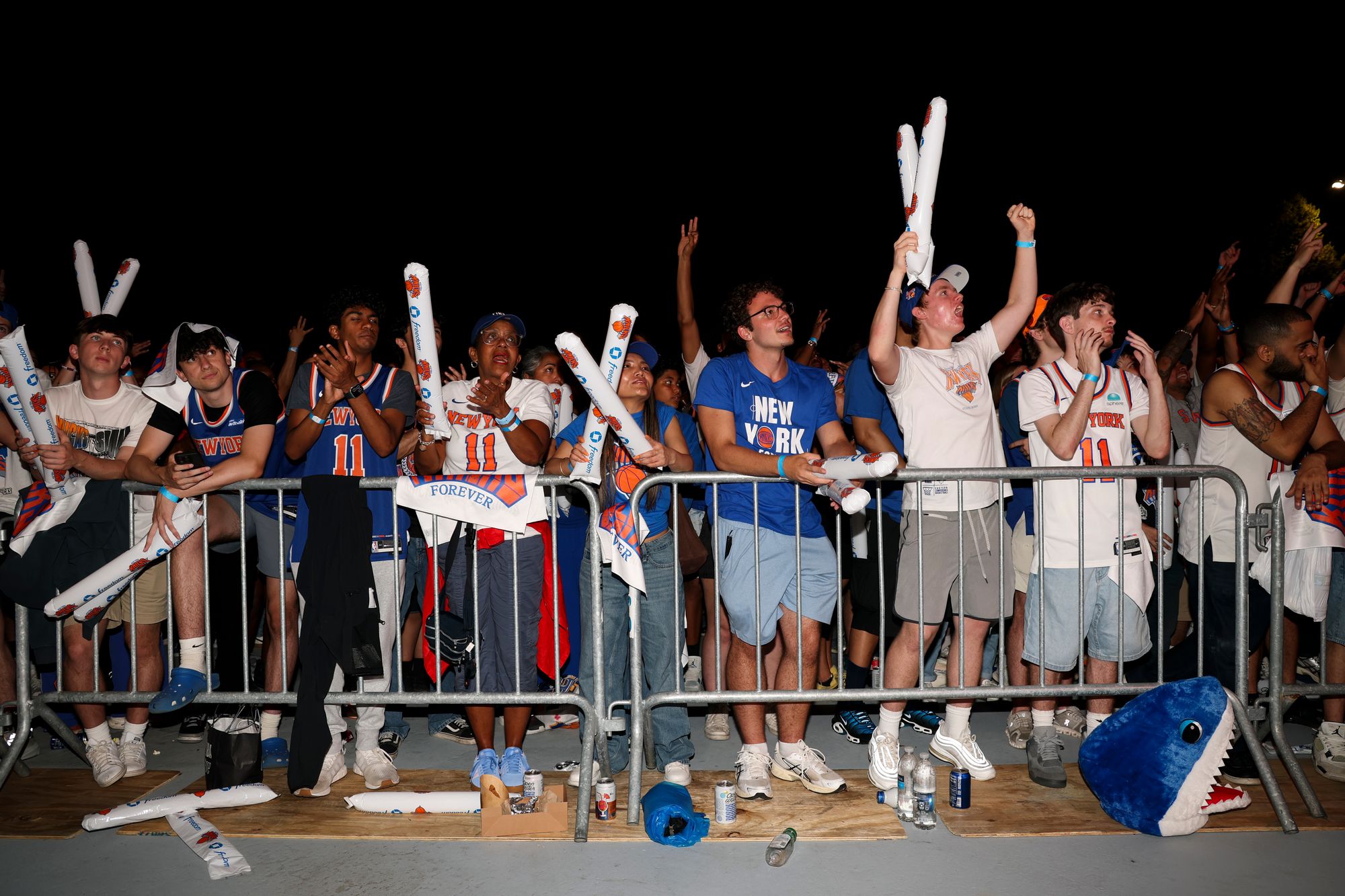 Fans cheer at Wollman Rink in Central Park for the New York Knicks watch party during Game 4 of the NBA Finals between the Knicks and the San Antonio Spurs on June 10, 2026 in New York City