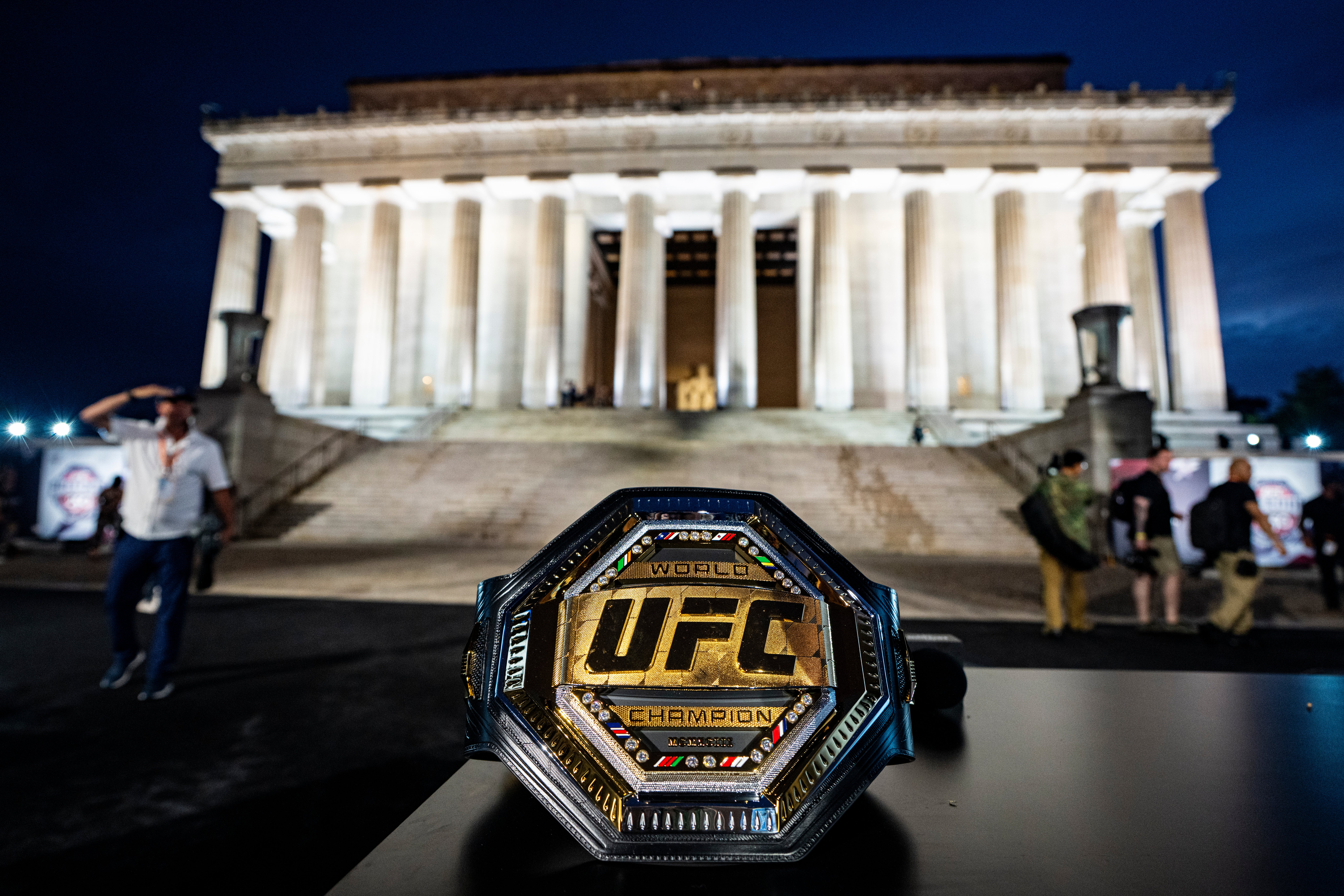 A title belt on display prior to a press conference at the Lincoln Memorial ahead of the upcoming UFC Freedom 250 fight on the South Lawn of the White House on June 12, 2026