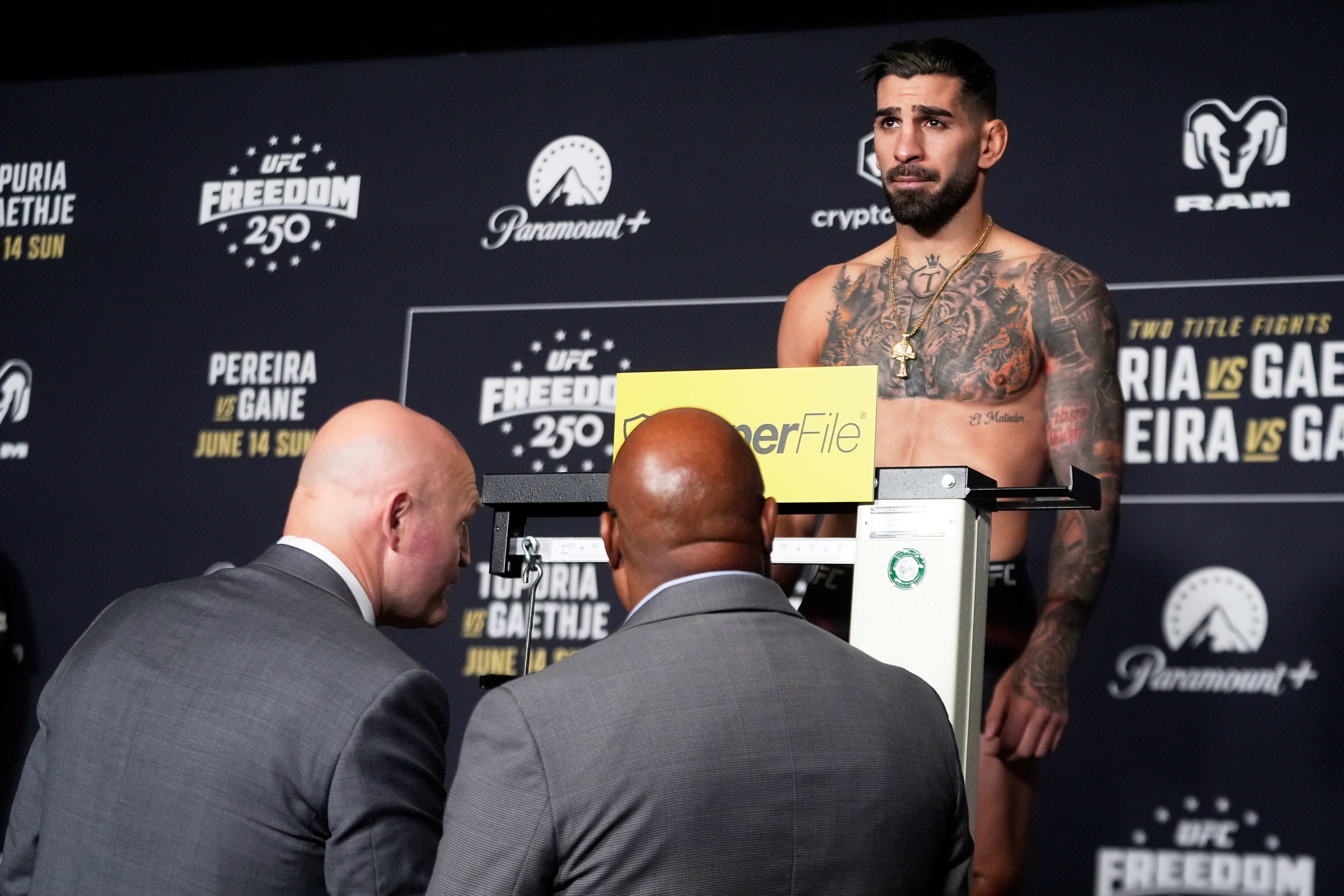 Ilia Topuria weighing in for the UFC Freedom 250 event