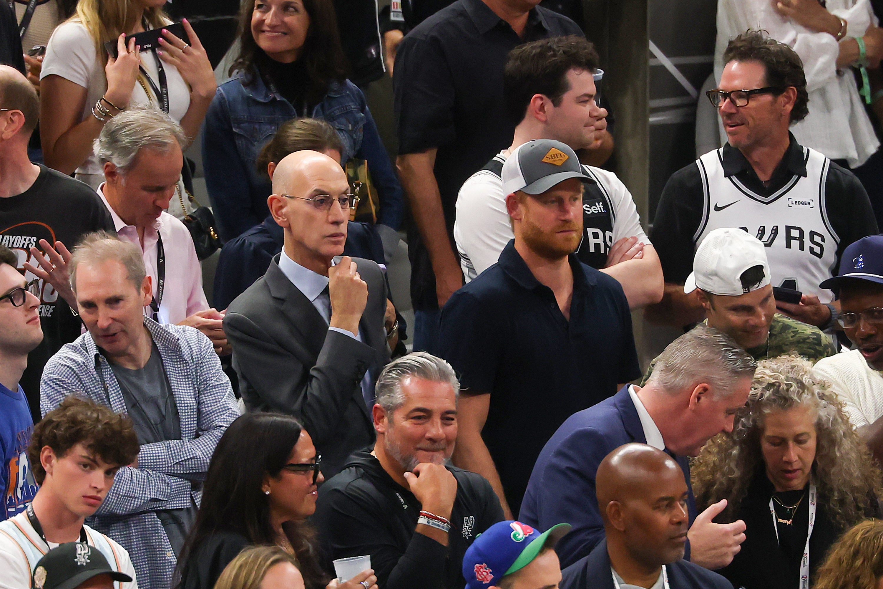 NBA Commissioner Adam Silver and Prince Harry look on during the third quarter in Game Five of the 2026 NBA Finals between the San Antonio Spurs and the New York Knicks at Frost Bank Center on June 13, 2026 in San Antonio, Texas