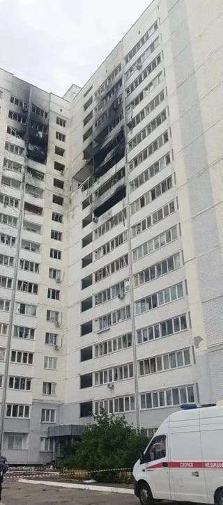 An apartment building which, according to local authorities, was damaged during an overnight Ukrainian drone attack