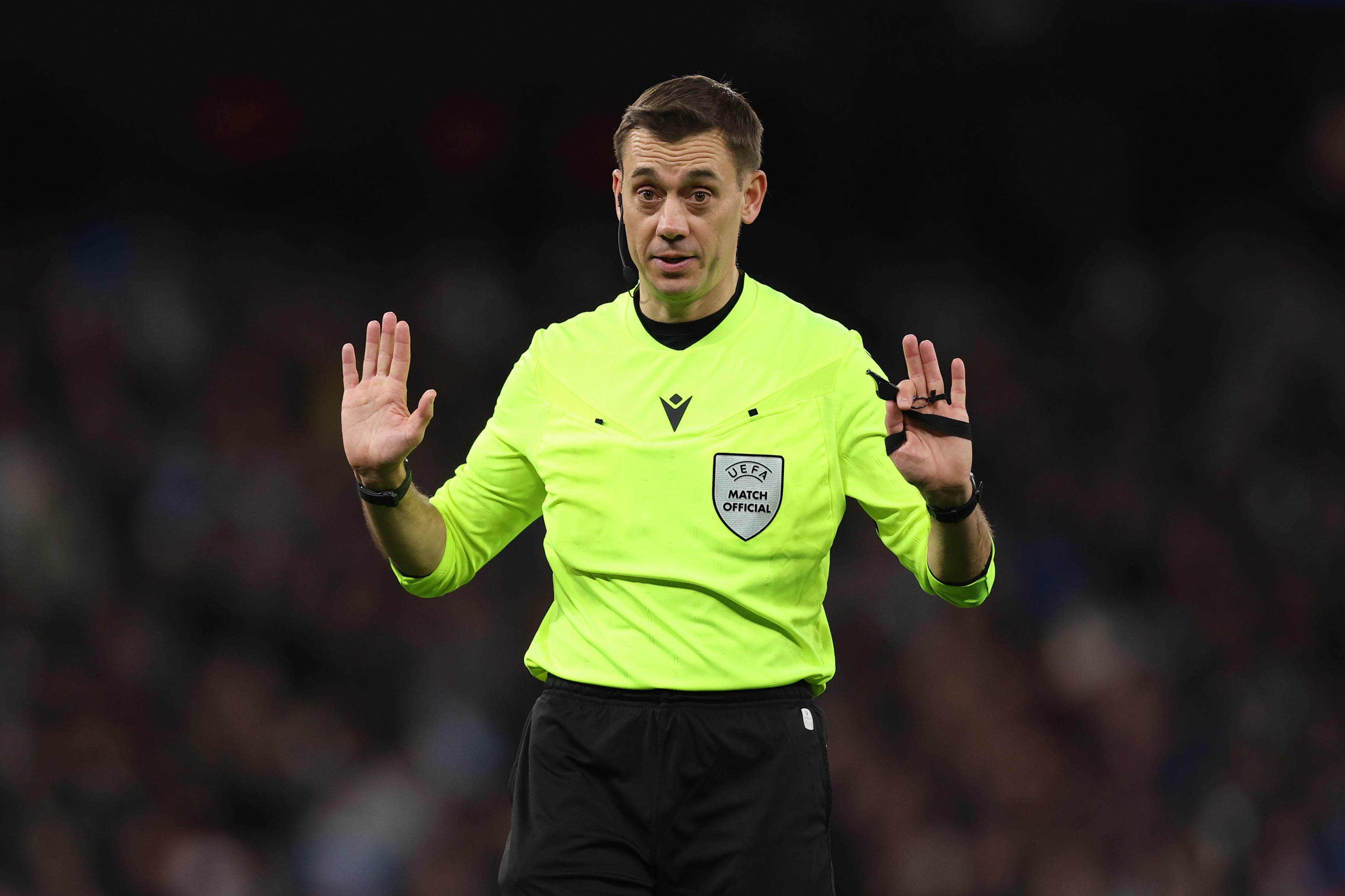 Referee Clement Turpin looks on during the UEFA Champions League 2025/26 Round of 16 Second Leg match between Manchester City FC and Real Madrid CF