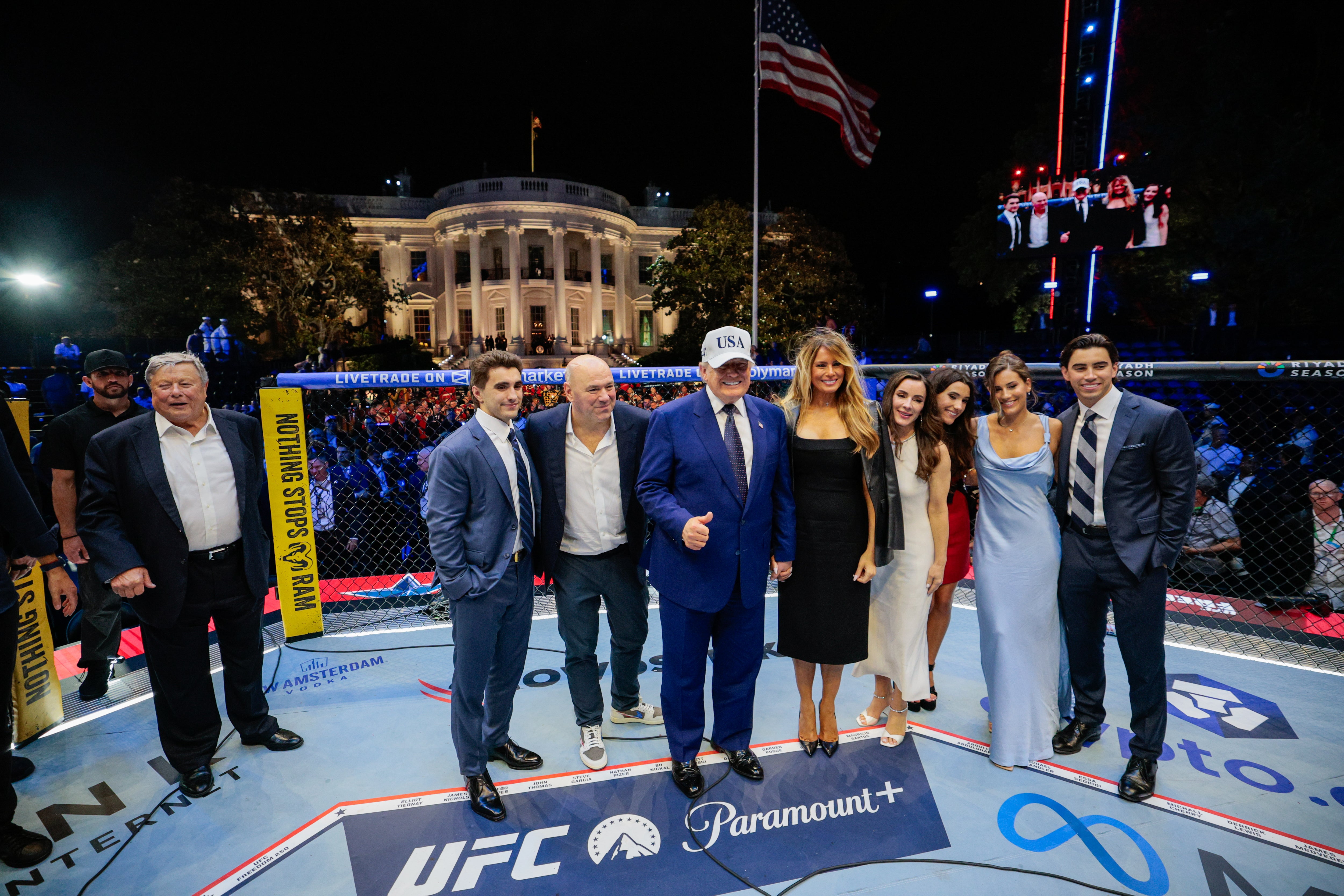 It’s not the first time Trump has fixated on one number. Outlets previously reported that he frequently reached for the numbers 93 and 10,000 when delivering public remarks. Pictured here, Trump attends the UFC Freedom 250 event on his 80th birthday