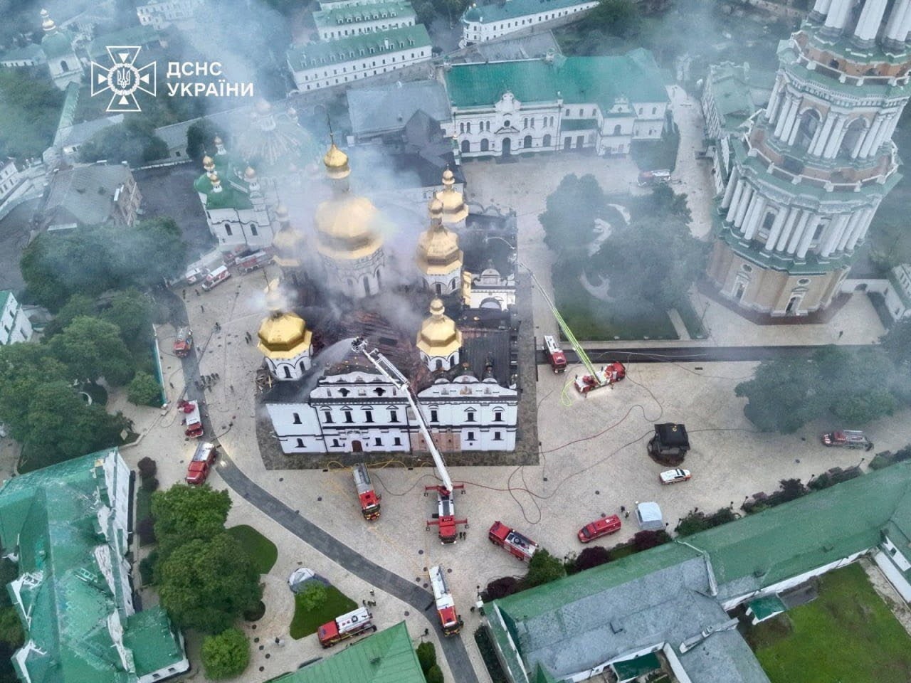 A drone view shows firefighters as they work to extinguish a fire at the Dormition Cathedral of the Kyiv Pechersk Lavra (Reuters)