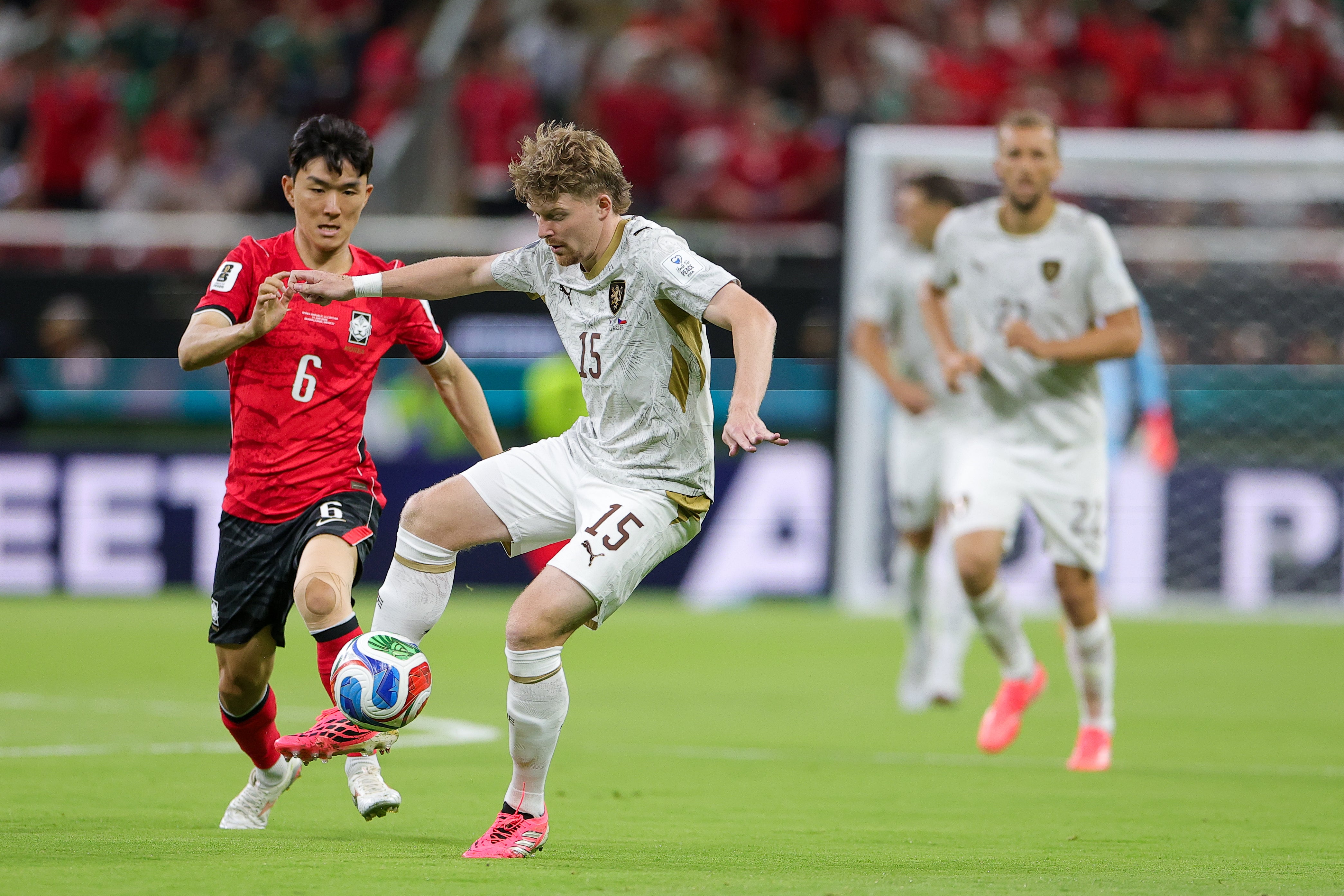 Pavel Šulc gets away from Hwang In Beom during the World Cup match between Czechia and Korea Republic at the Guadalajara stadium in Mexico on 11 June 2026