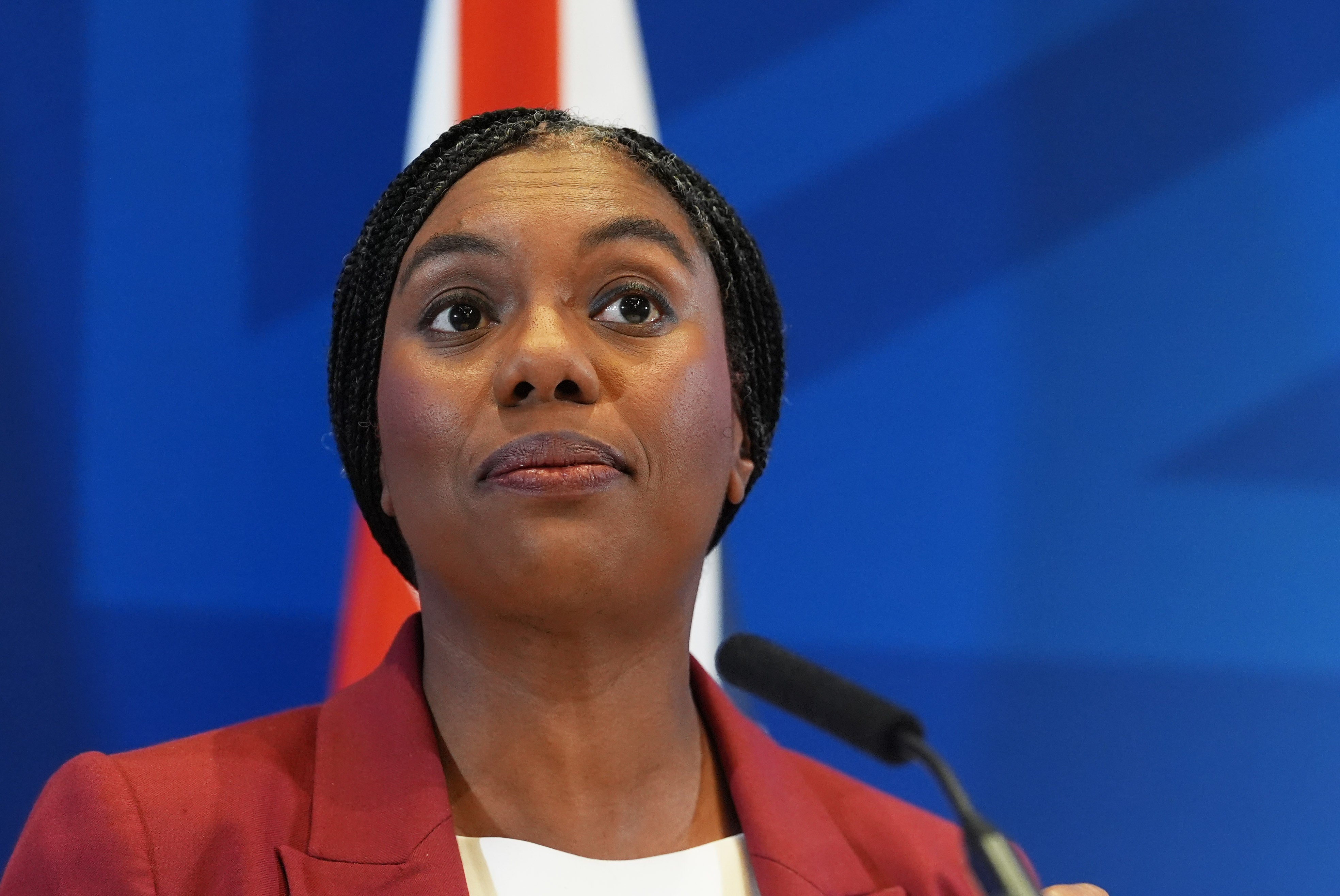 Conservative Party leader Kemi Badenoch speaking at a press conference at Glazier's Hall in London (PA)