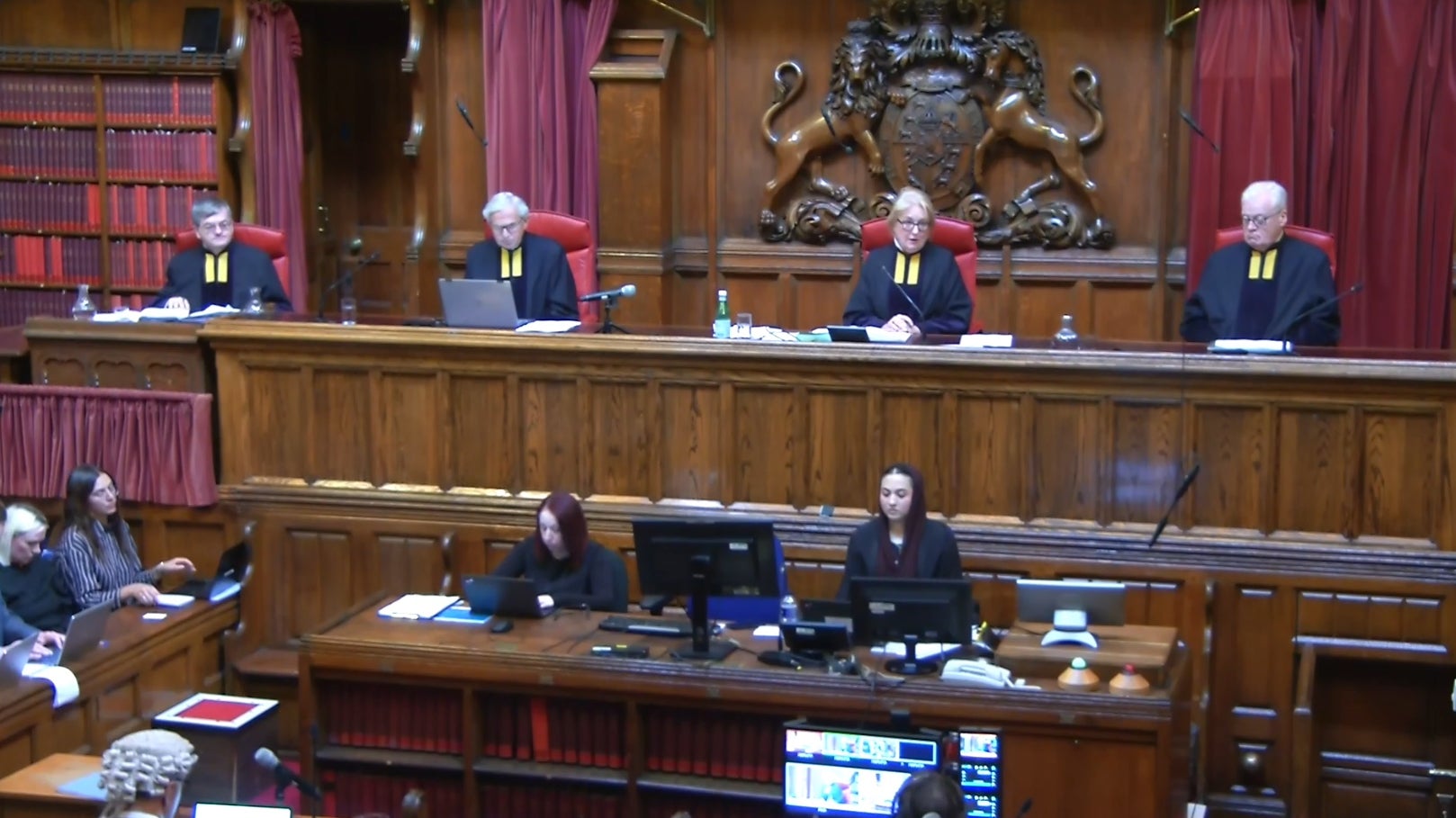 Lady Chief Justice Baroness Carr (second right) at the Royal Courts of Justice as she delivers the ruling by the Court of Appeal to ban Palestine Action