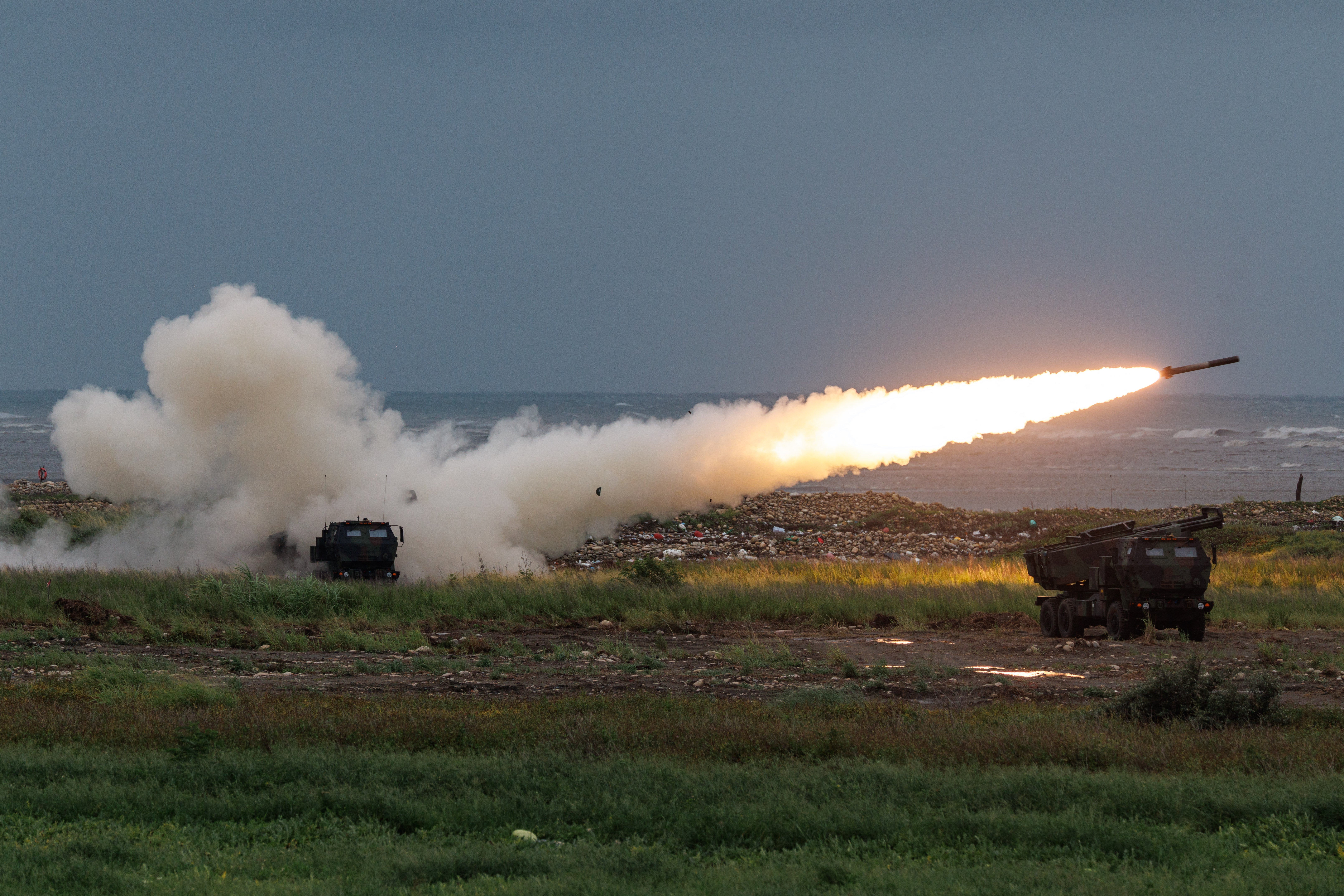 Taiwanese soldiers launch projectiles during a live-fire training exercise in Taichung