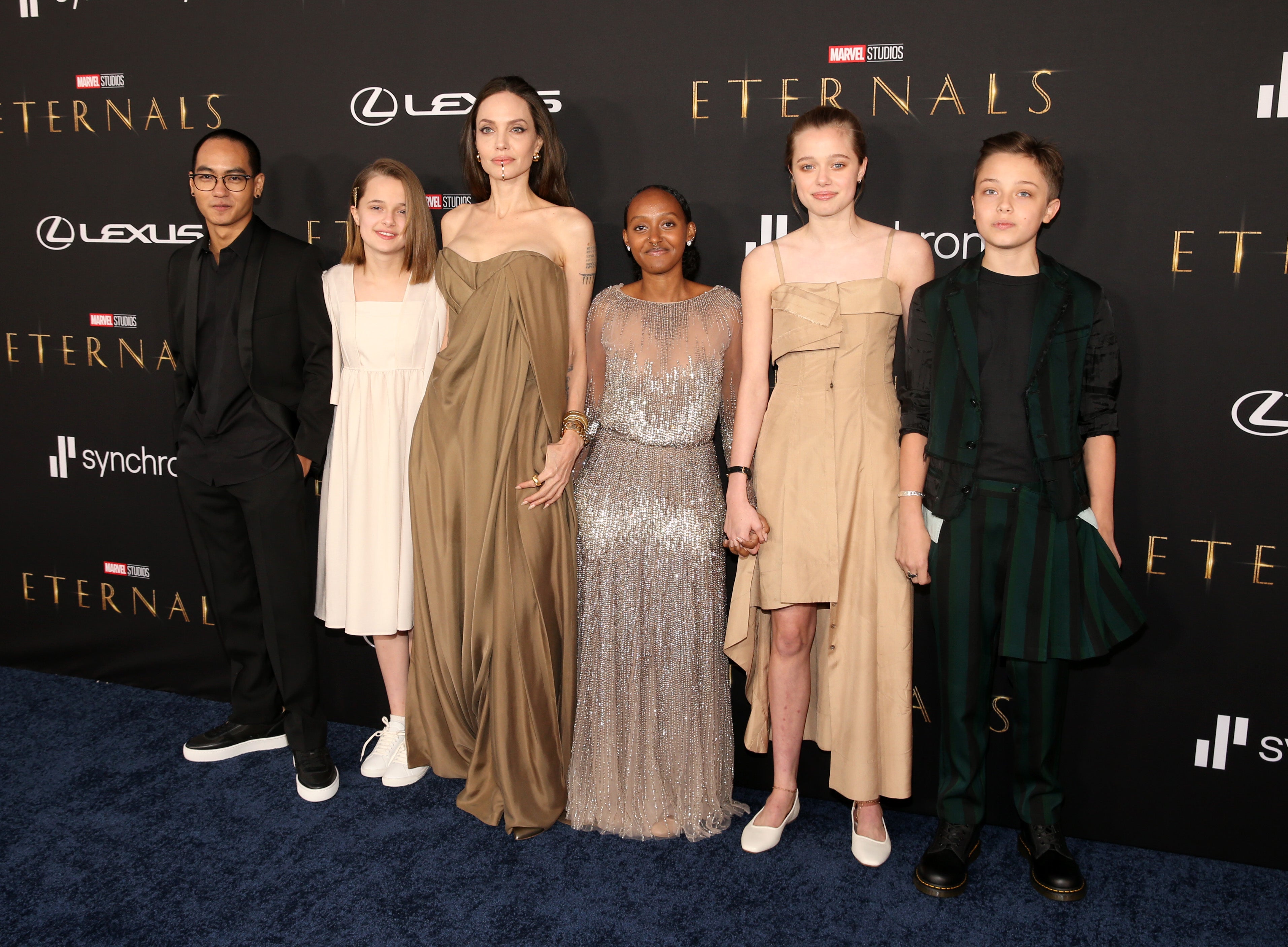 Angelina Jolie pictured with five of her six children: Maddox, Vivienne, Zahara, Shiloh and Knox in 2021 (Getty Images for Disney)