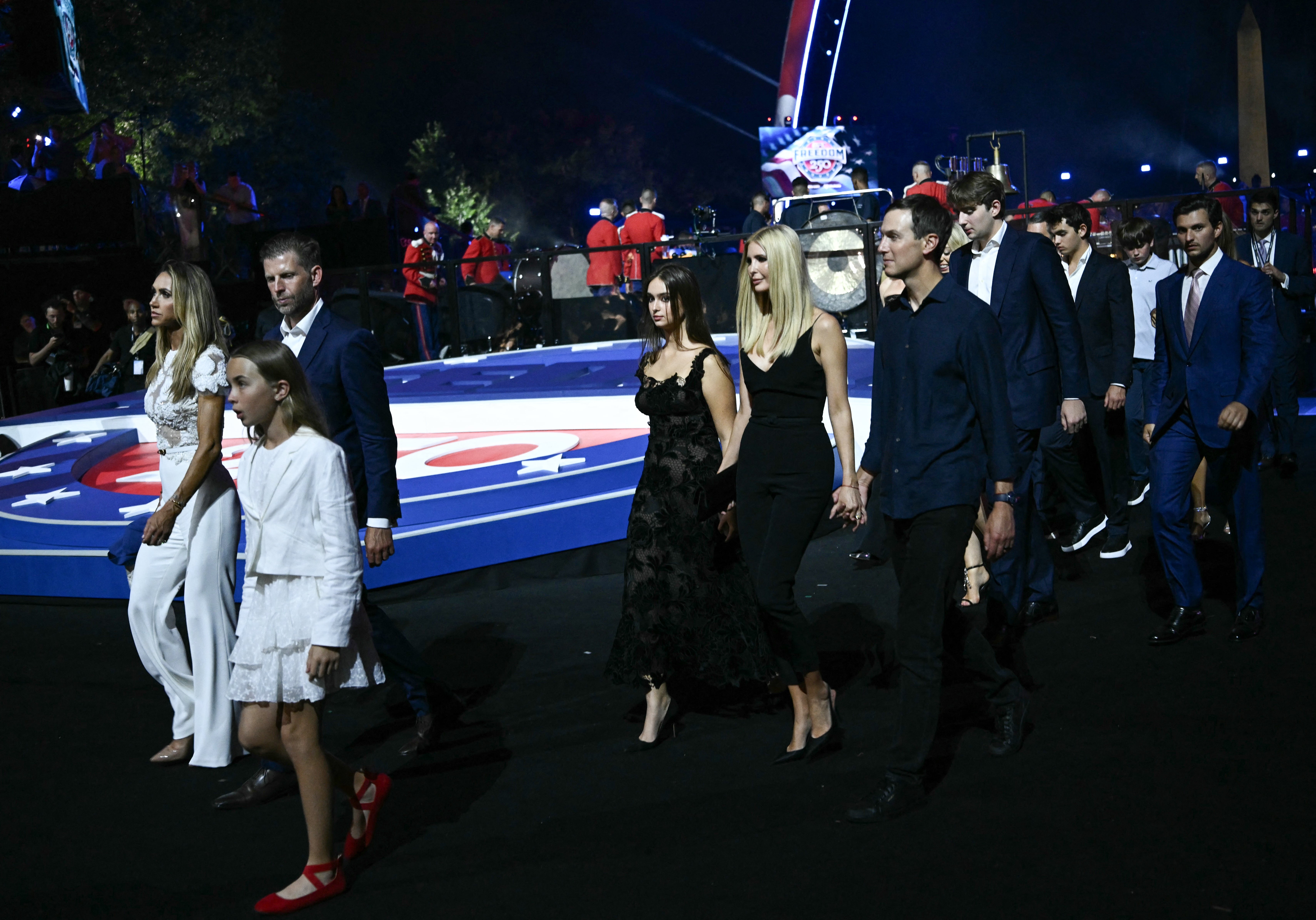 Barron Trump (pictured behind Ivanka Trump and Jared Kushner) attended the UFC Freedom 250 event alongside his mother, First Lady Melania Trump, his grandfather, Viktor Knavs, siblings, nieces and nephews (AFP/Getty)