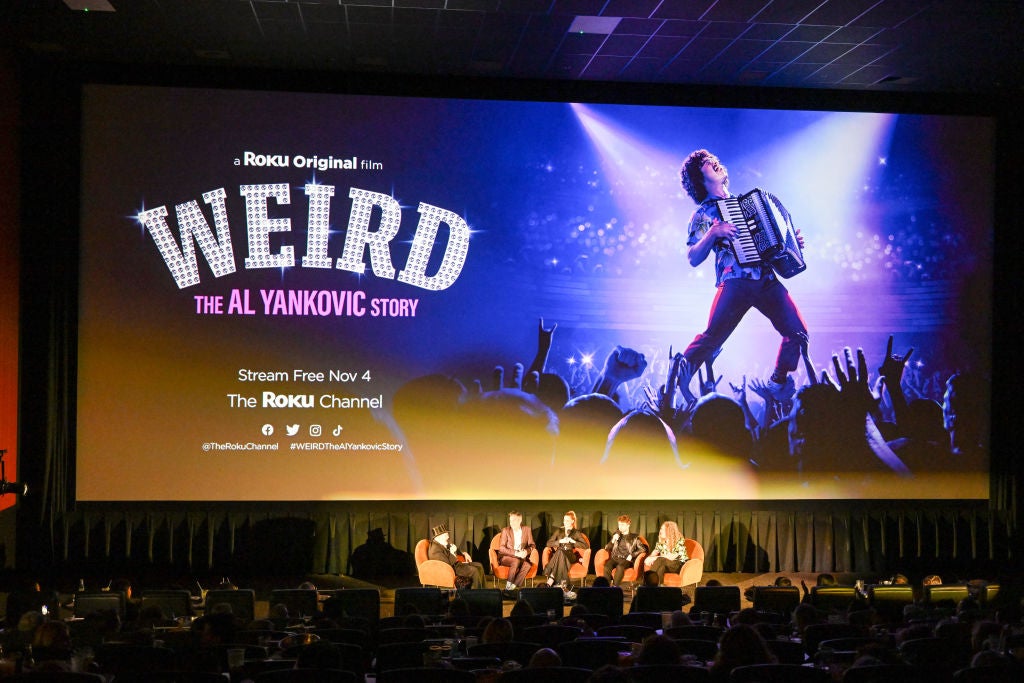 Dr. Demento, Eric Appel, Evan Rachel Wood, Daniel Radcliffe and Weird Al Yankovic speak during the US Premiere Of Weird: The Al Yankovic Story at Alamo Drafthouse Cinema Brooklyn on November 01, 2022 in Brooklyn, New York. Roku joins Tubi as one of two streaming services Fox has bought since 2020 (Getty Images for The Roku Channe)