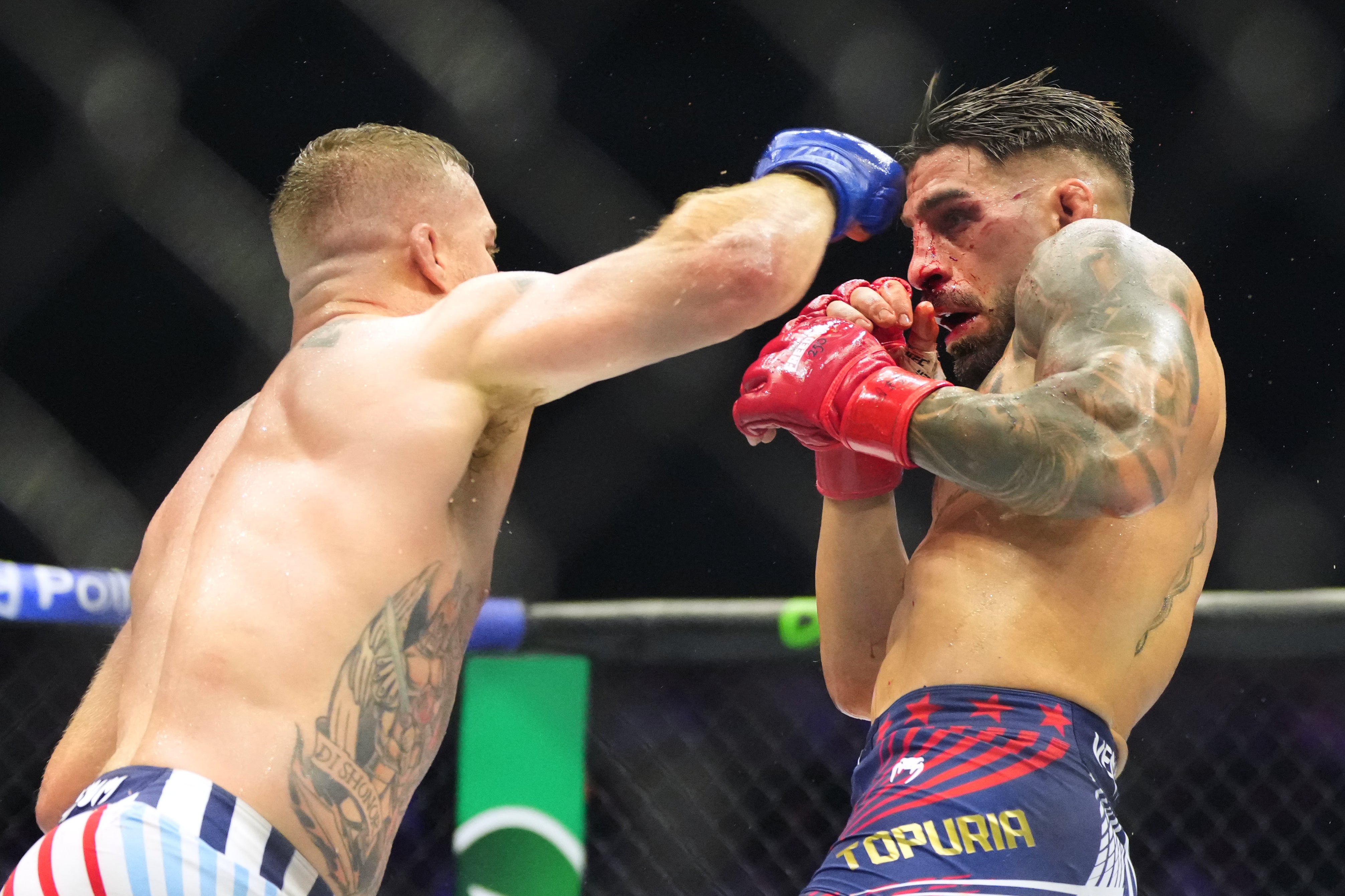 Justin Gaethje (left) fights Ilia Topuria in the main event of UFC Freedom 250 (AP Photo/Alex Brandon)