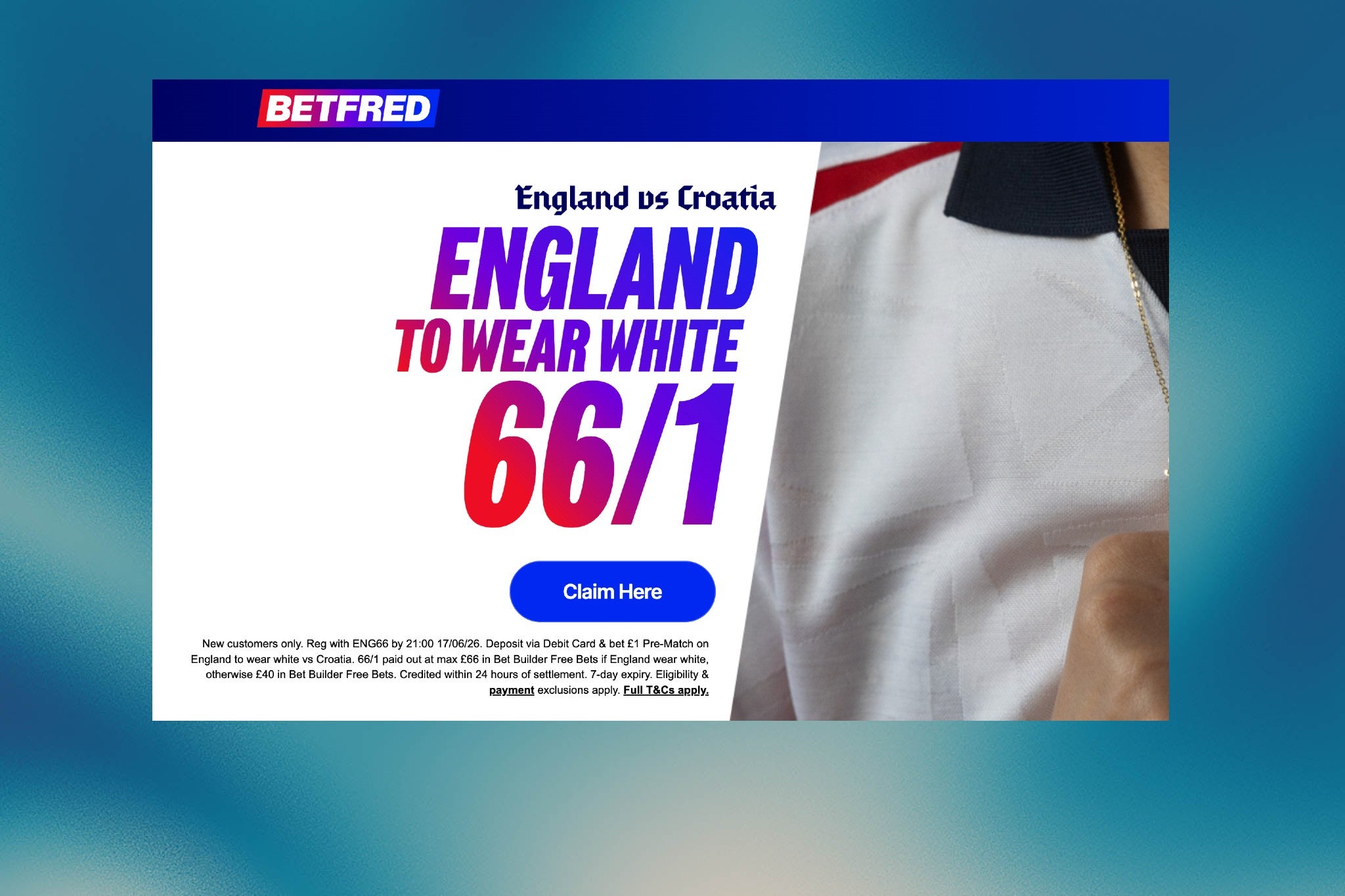 Betfred World Cup betting sign up offer: 66/1 odds England to wear white vs Croatia