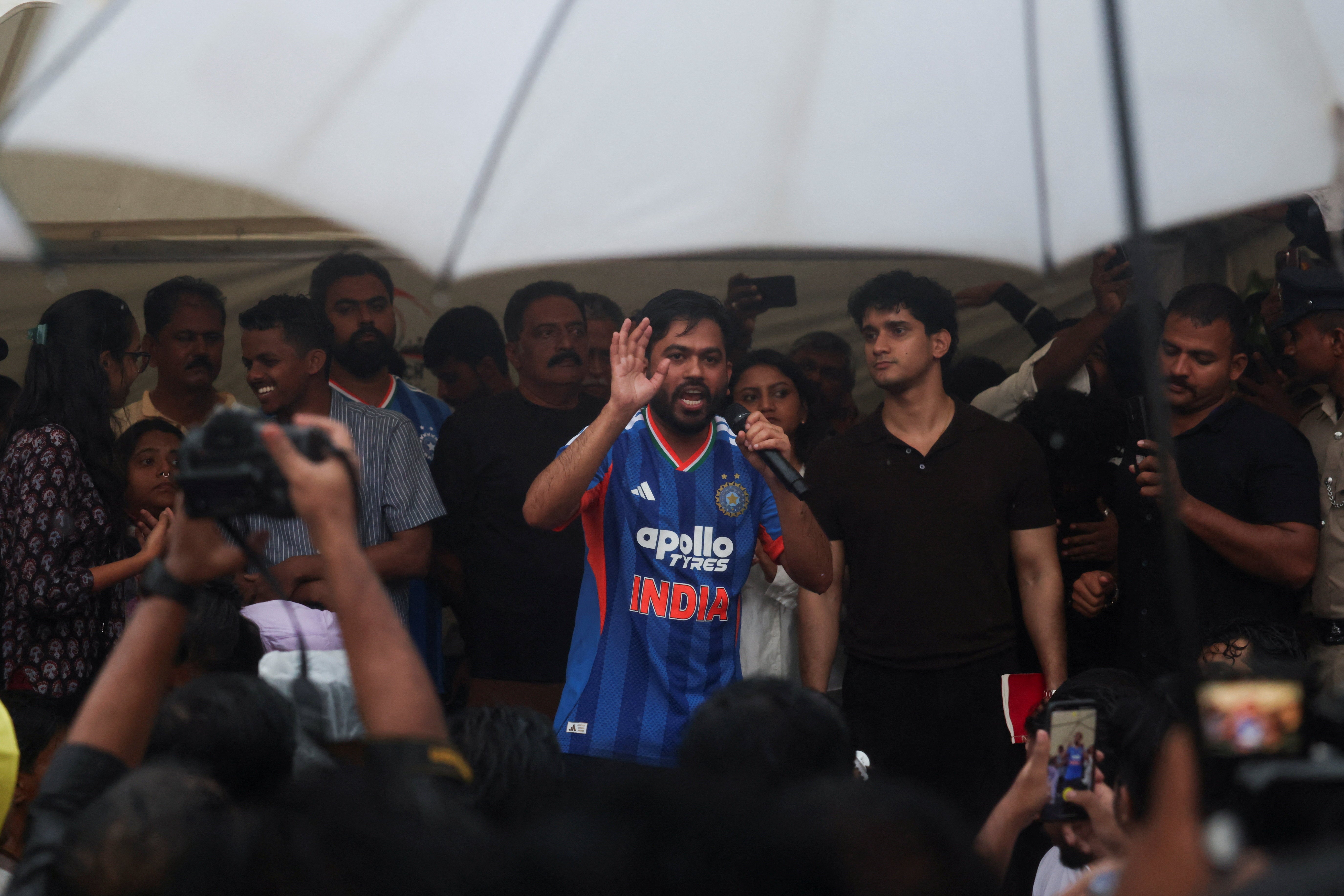 Abhijeet Dipke addresses the supporters during a sit-in protest demanding the resignation of India’s education minister in Bengaluru