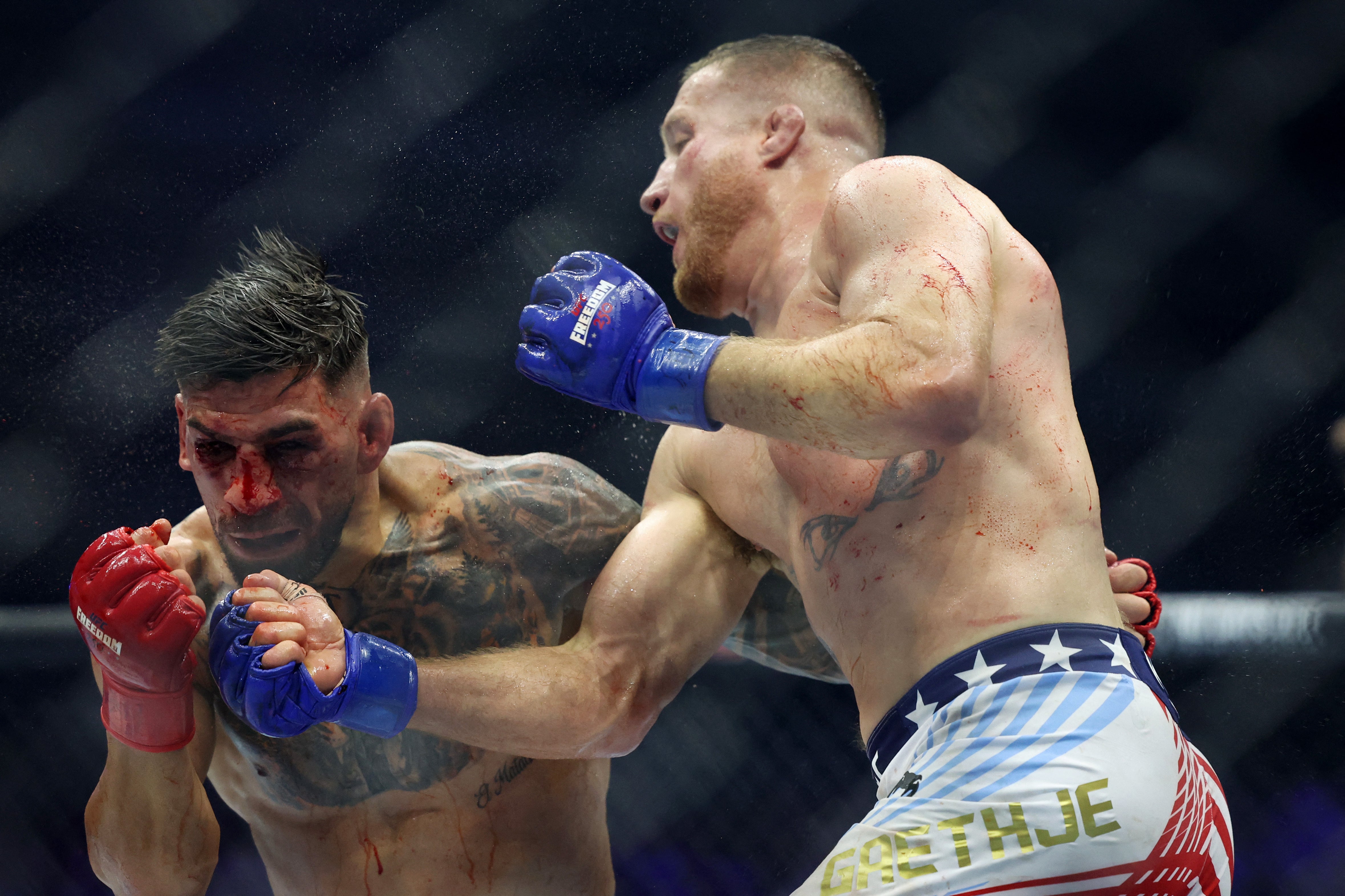 Topuria (left) lost his lightweight title to Justin Gaethje at the White House (Reuters)