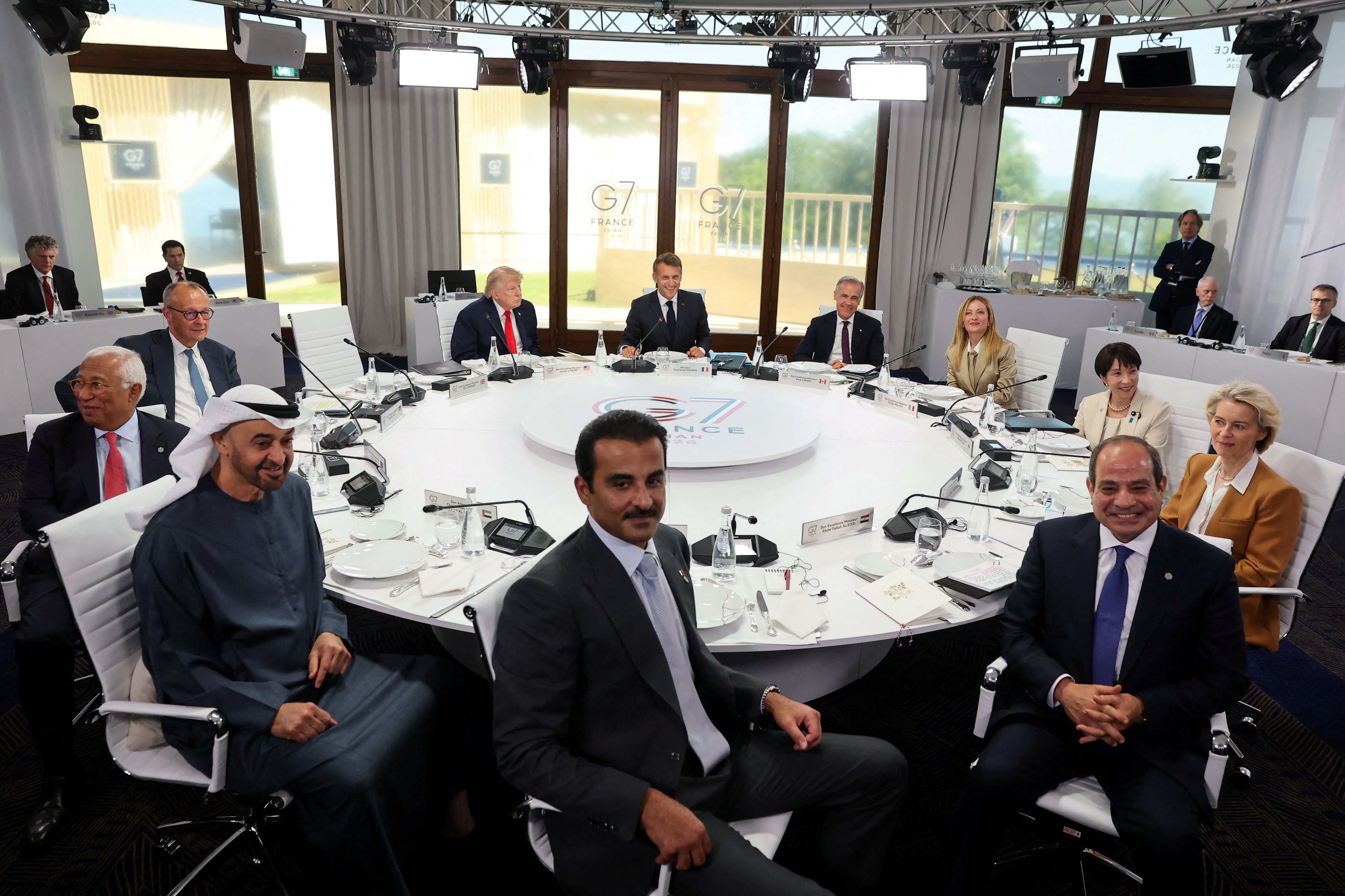 Takaichi, Merz, Meloni, Trump,von der Leyen, Carney, Costa, Macron alongside the Emir of Qatar, Sheikh Tamim bin Hamad Al Thani, President of the United Arab Emirates (UAE) Sheikh Mohamed bin Zayed Al Nahyan and Egyptian President Abdel Fattah al-Sisi on Tuesday