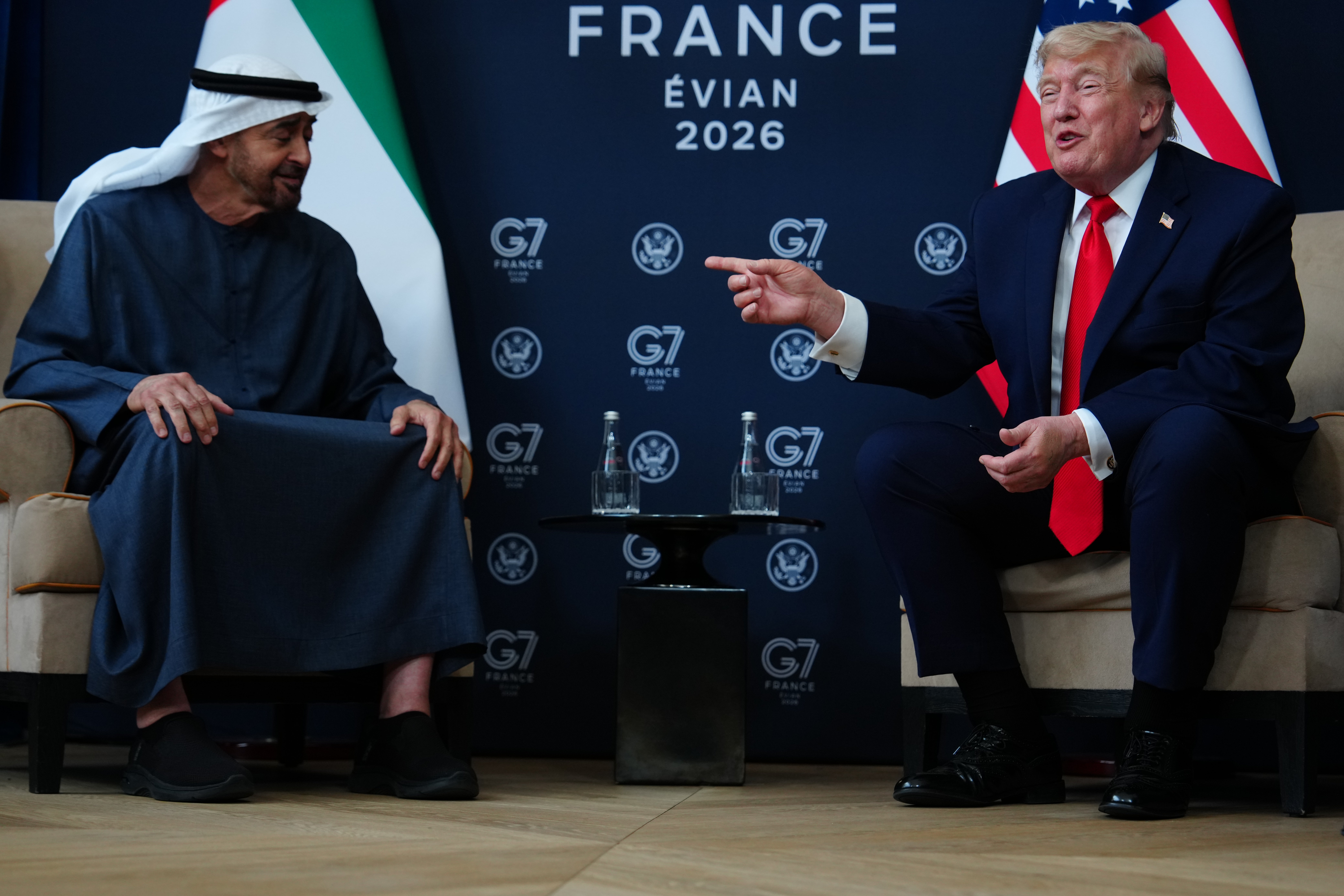 U.S. President Donald Trump meets with Crown Prince of Abu Dhabi Sheikh Khaled Bin Mohamed Bin Zayed Al Nahyan during a bilateral meeting on the sidelines of the G7 summit,