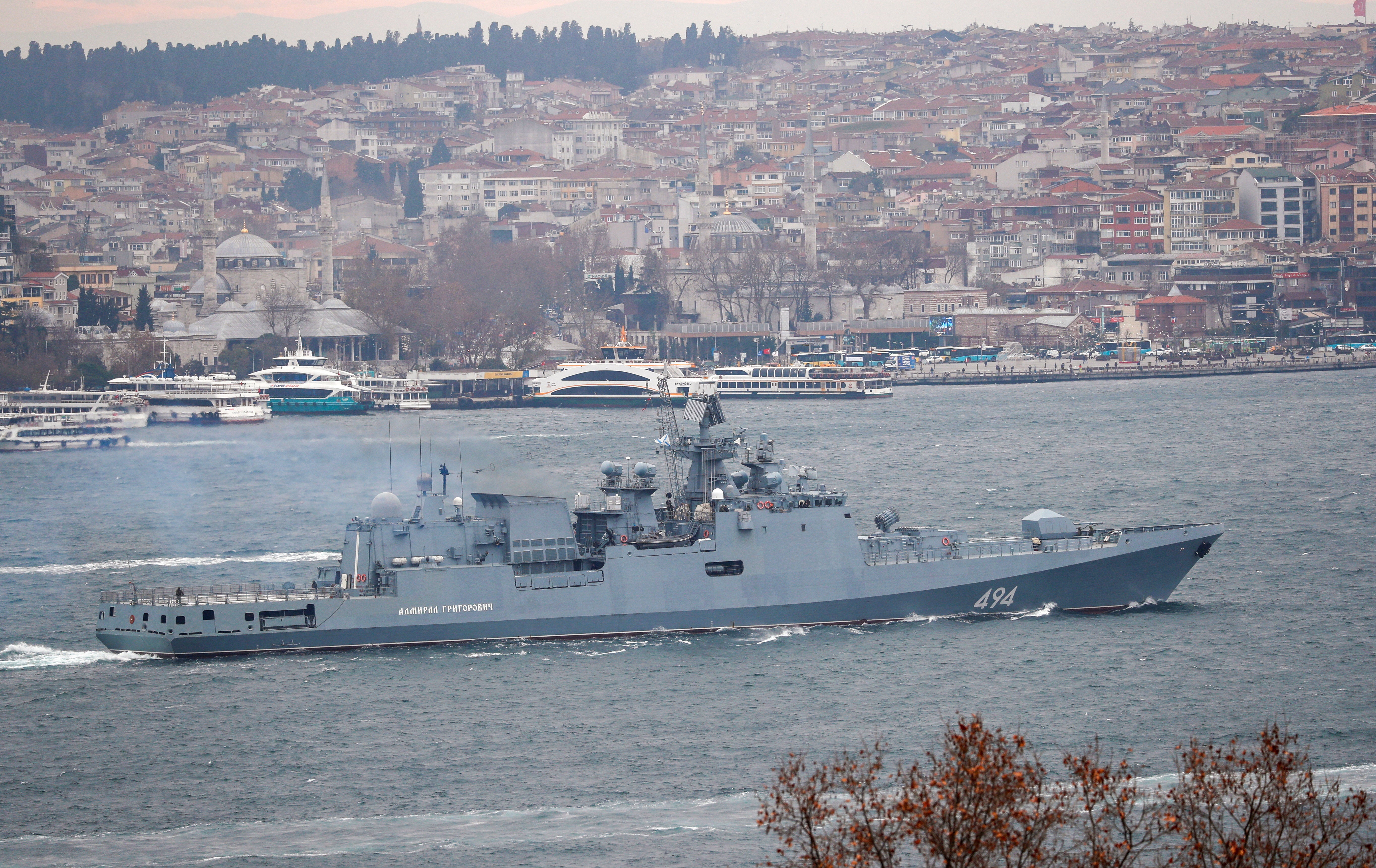 The 125-metre-long frigate is based in Sevastopol, a significant port city located in Russian-occupied Crimea (Reuters)
