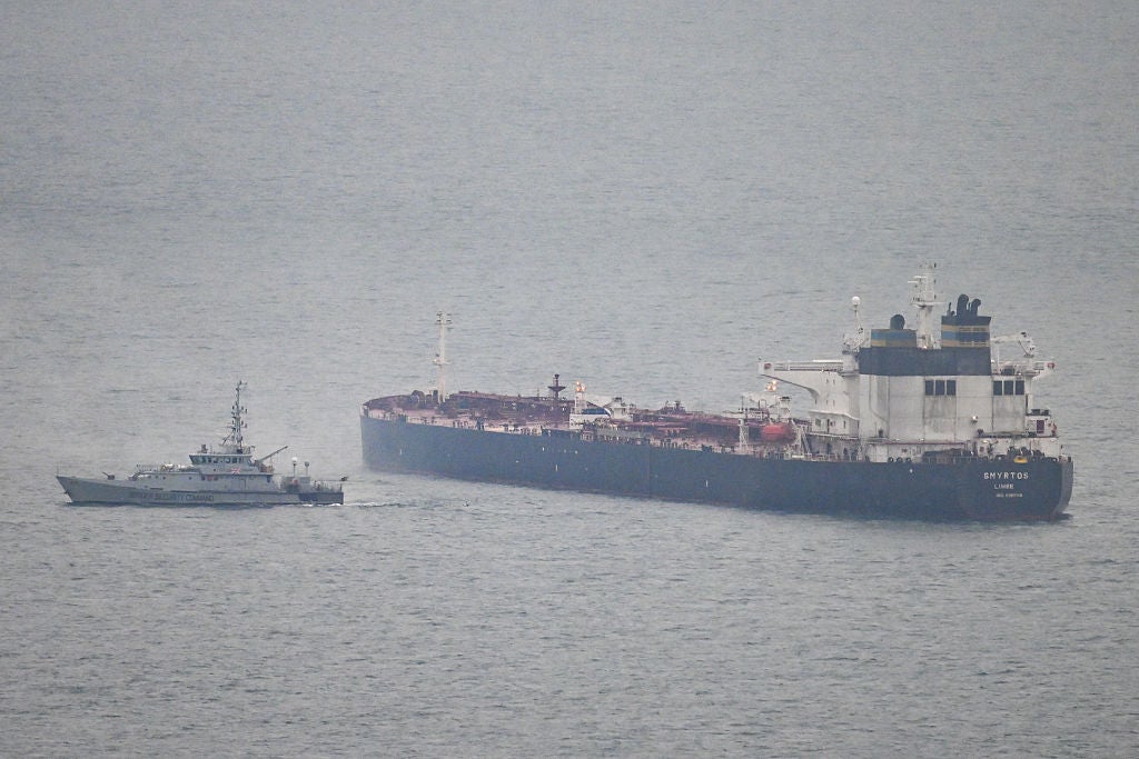 PORTLAND, ENGLAND - JUNE 15: A border security vessel patrols the detained Smyrtos vessel outside the harbour, on June 15, 2026 in Portland, England. An oil tanker operating as part of Russia's shadow fleet has been intercepted by British Forces in the English Channel. In the early hours of Sunday morning Royal Marine Commandos and members of the National Crime Agency boarded the Smyrtos vessel, which is sailing under the flag of Cameroon. The operation is the first time the UK has intercepted a sanctioned Russian tanker, as part of efforts to disrupt Russia's funding of its war in Ukraine. (Photo by Finnbarr Webster/Getty Images)