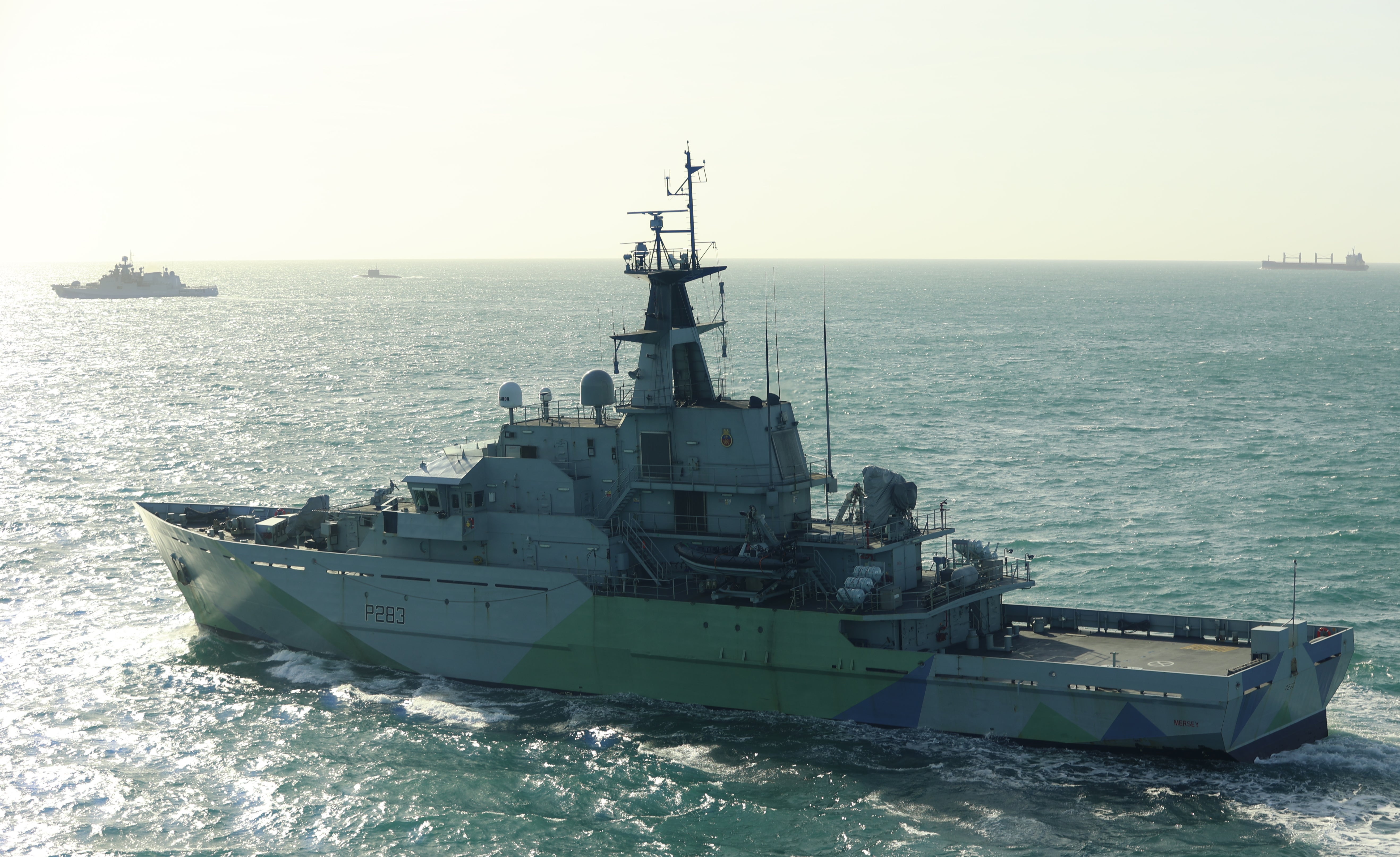 HMS Mersey (foreground) monitored the RFN Admiral Grigorovich (background left) (PA)