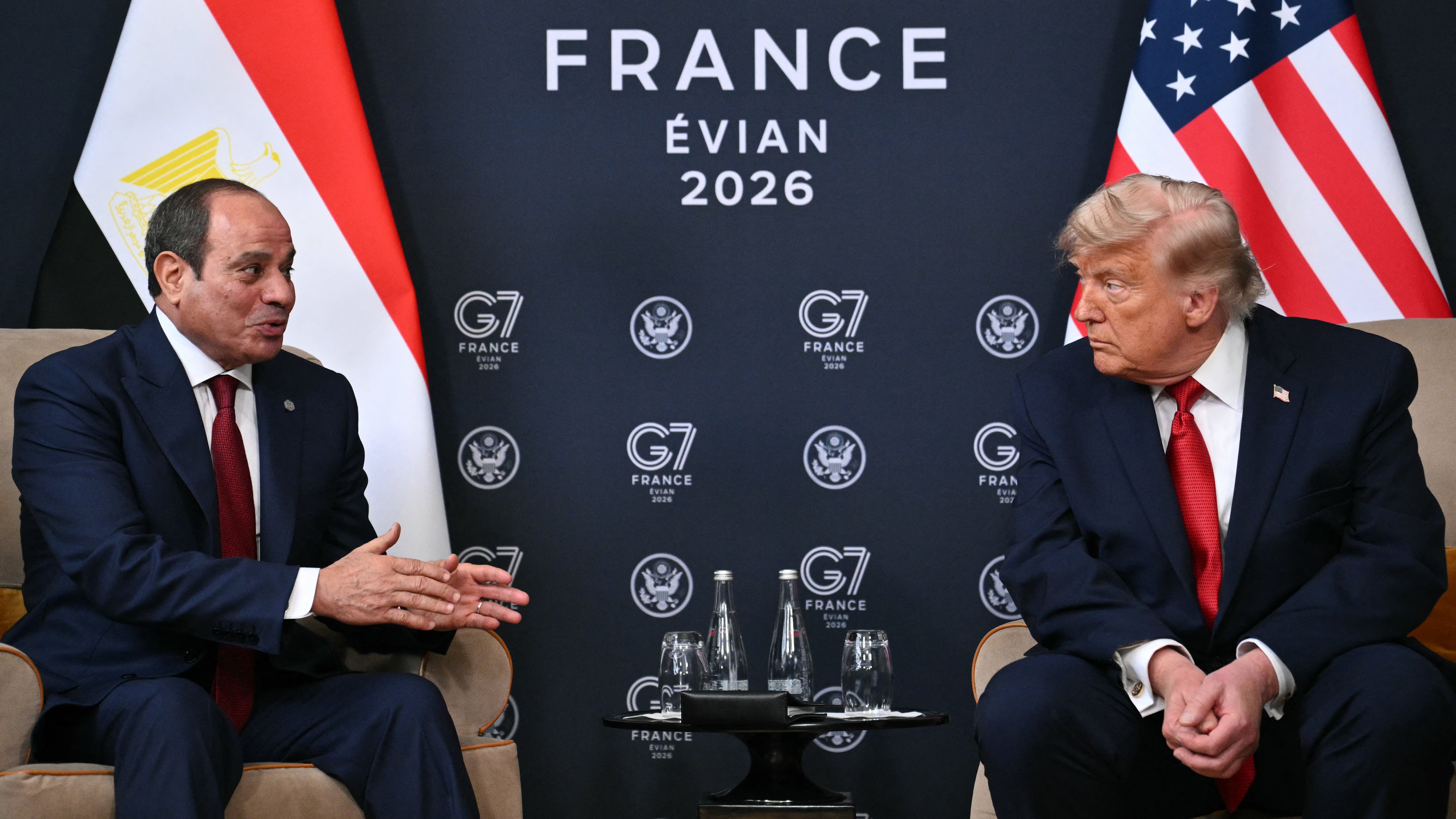 Egypt's President Abdel Fattah El-Sisi (L) and US President Donald Trump attend a bilateral meeting on the sidelines of the G7 summit, in Evian, eastern France, on June 17, 2026. (AFP/Getty)