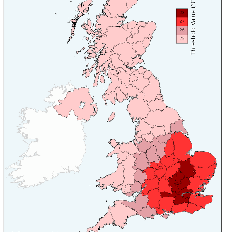 A heatwave is defined as three days of 28C around London and Cambridgeshire, and 27C in most other southeastern parts (the Met Office)