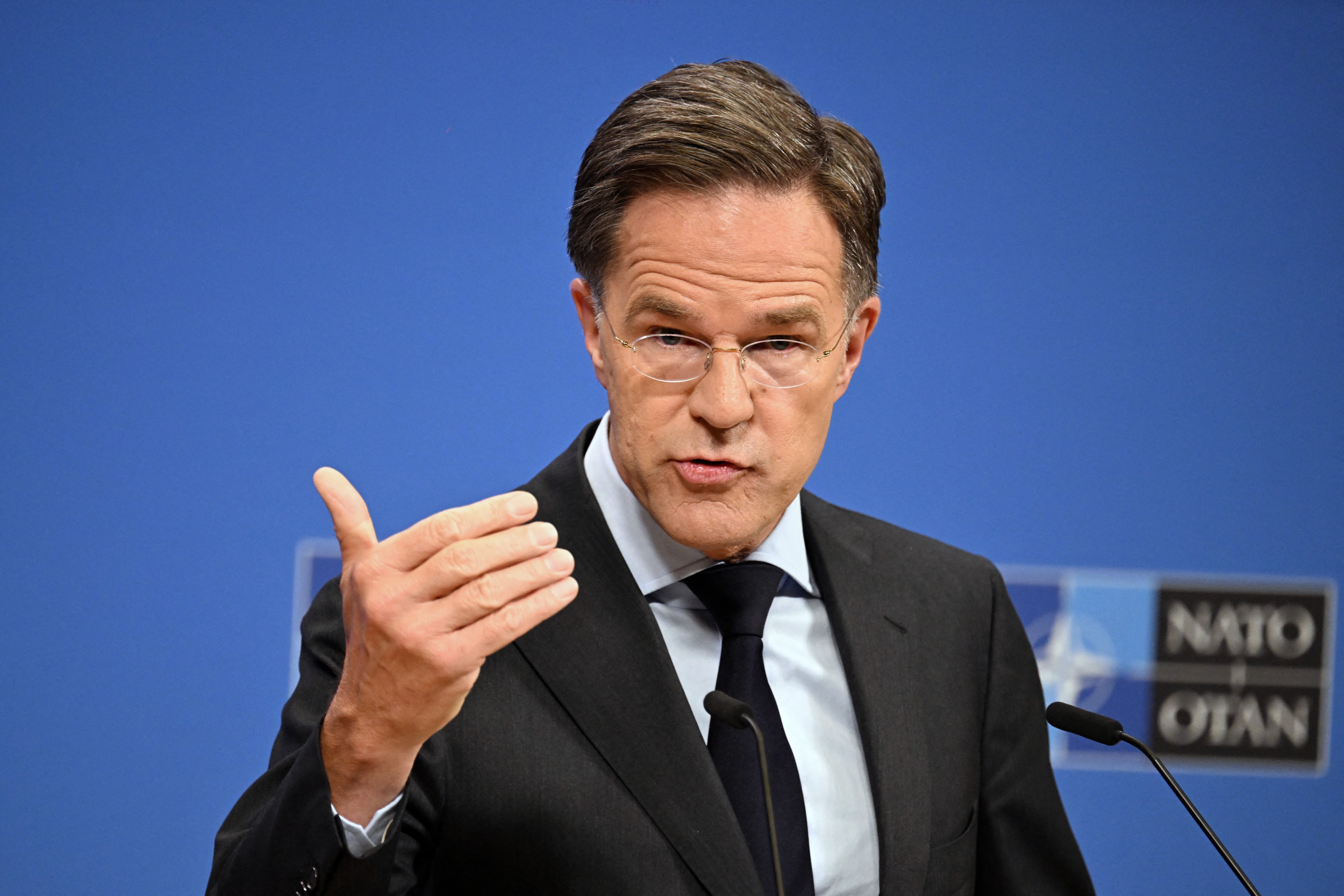 Nato Secretary General Mark Rutte delivers a speech during a press conference on the eve of a meeting of Nato Ministers of Defence at Nato headquarters in Brussels on June 17, 2026.
