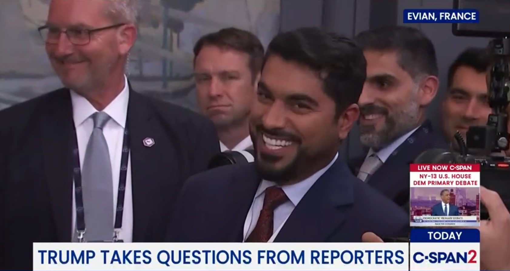 President Donald Trump became distracted by a ‘handsome’ reporter during a G7 press conference and briefly paused the meeting to comment on the journalist’s appearance (C-SPAN)