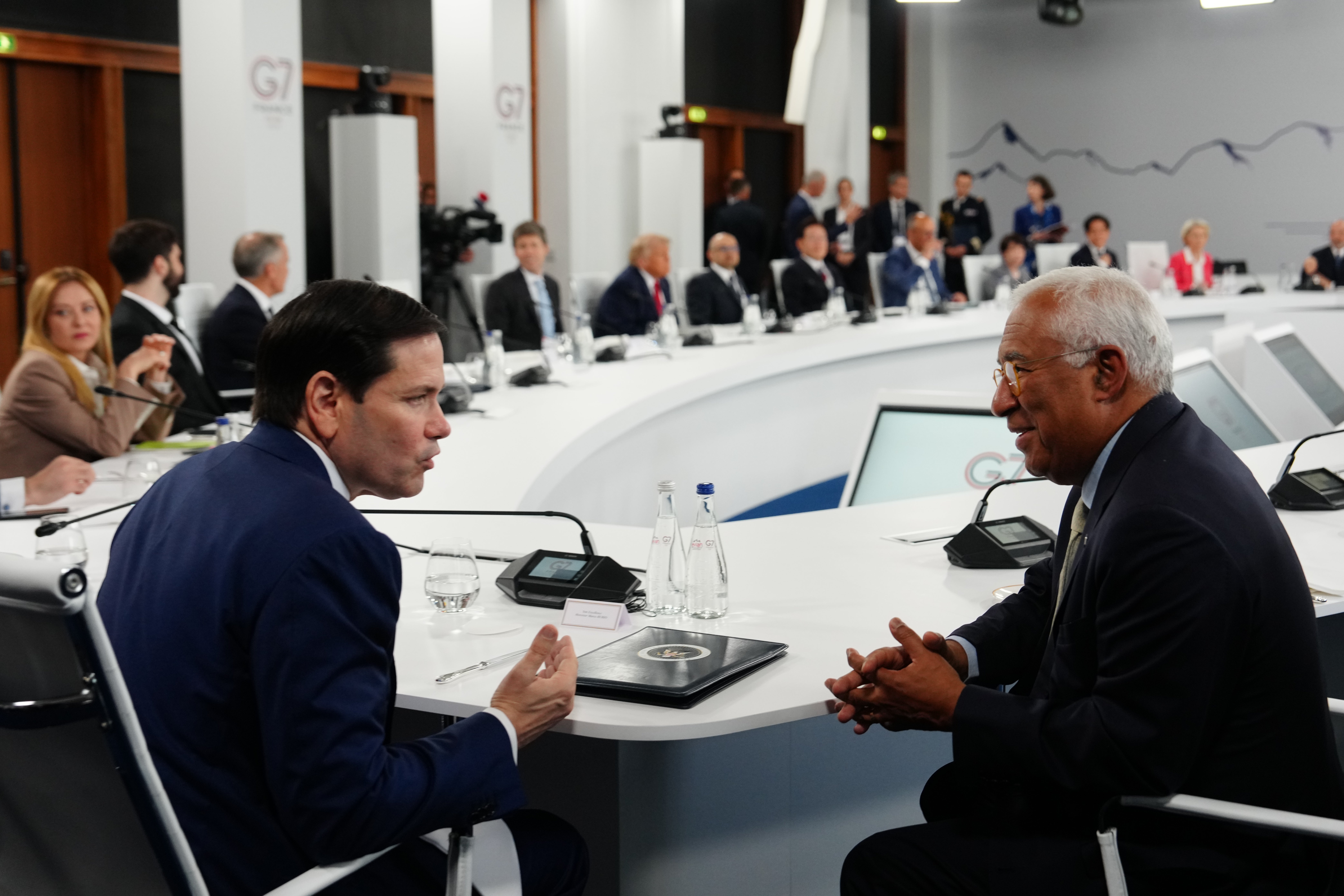 Secretary of State Marco Rubio talks to European Council President Antonio Costa as they participate in a meeting with leaders during the G7 summit, Wednesday, June 17, 2026, in Evian-les-Bains, France. (AP)