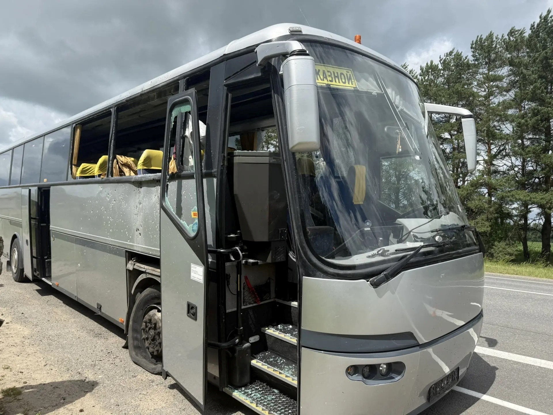 A view of a bus which, according to local authorities, was attacked by a Ukrainian drone whilst carrying children from a Belarusian youth football team, in the Bryansk Region, Russia June 17 (Reuters)