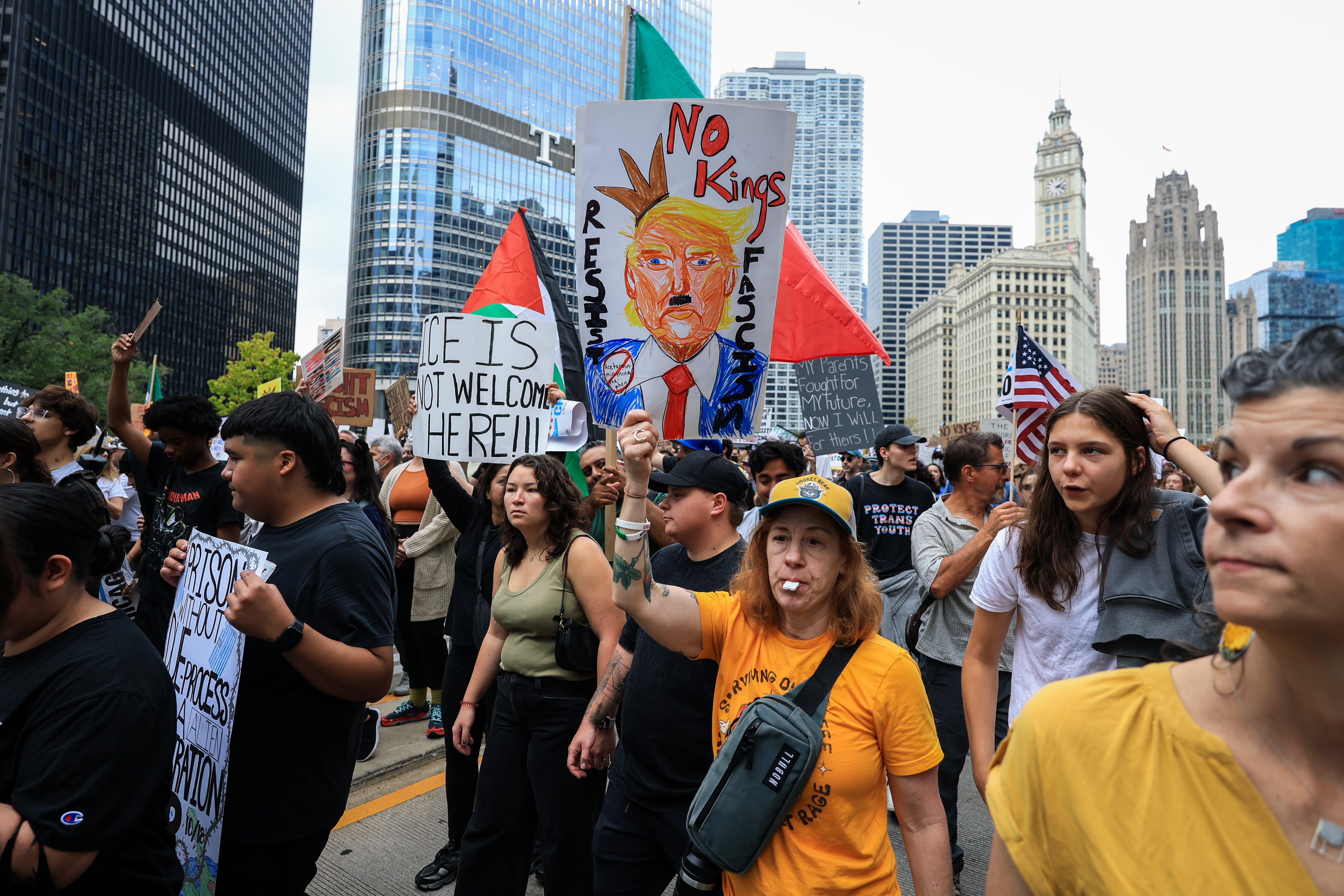 Trump Tower, which is emblazoned with the president’s name, has long served as a focus point for protests in Chicago. Pictured here, people take part in a ‘No Kings’ demonstration outside the skyscraper in March