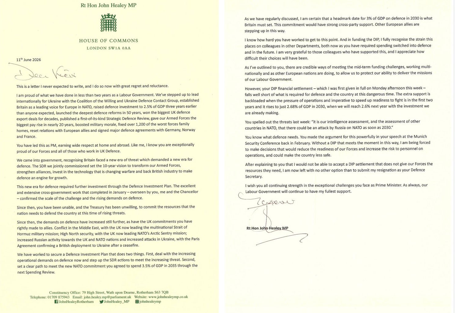 John Healey’s resignation letter suggested that the UK was only on course to spend 2.68% of GDP on defence by 2030 (John Healey/PA) (PA Media)