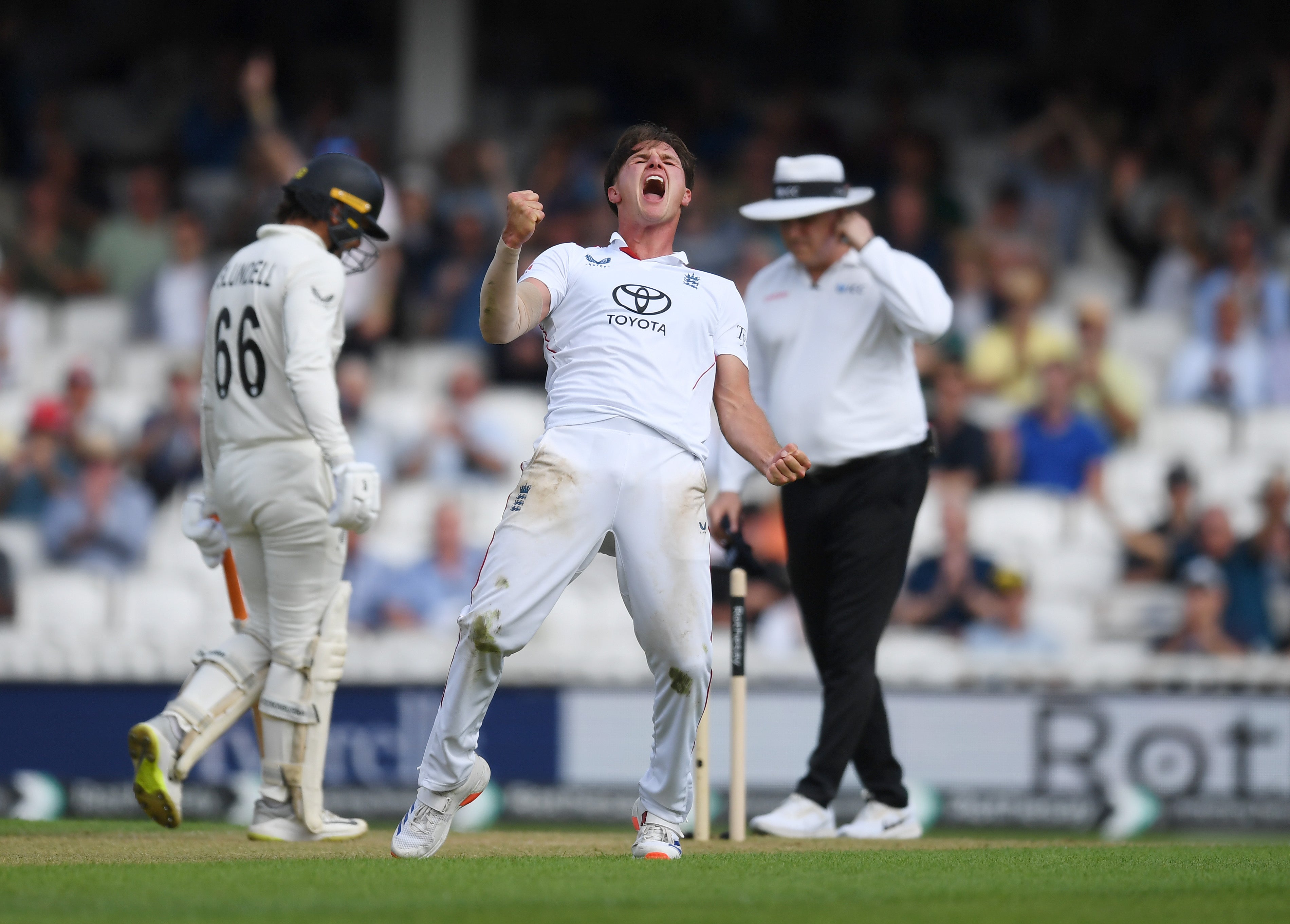 Sonny Baker struck twice in his first taste of Test cricket