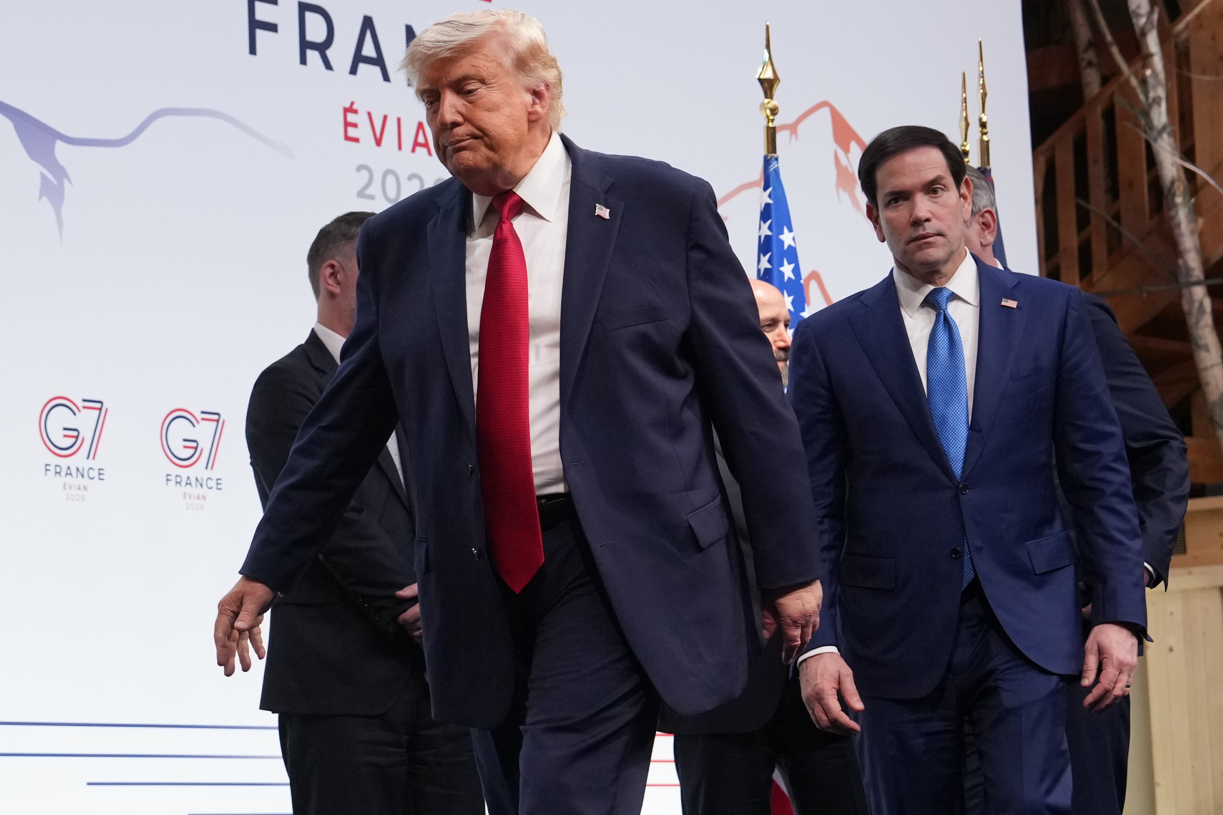 Trump was flanked by some of the most senior members of his administration, including Marco Rubio and Scott Bessent