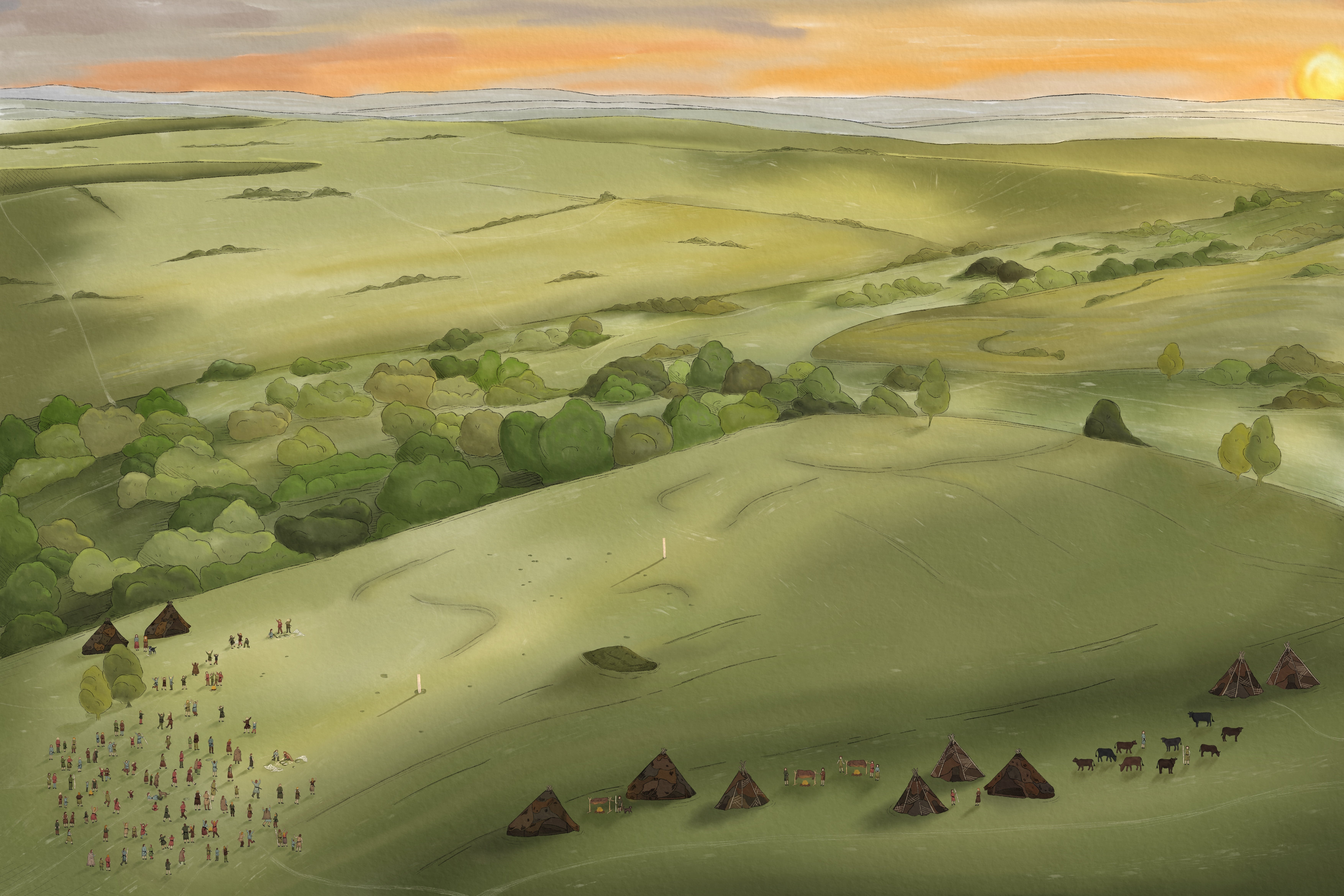 An illustration issued by Wessex Archaeology of a reconstruction of summer solstice celebrations as they might have appeared at Bulford 5,000 years ago (PA)